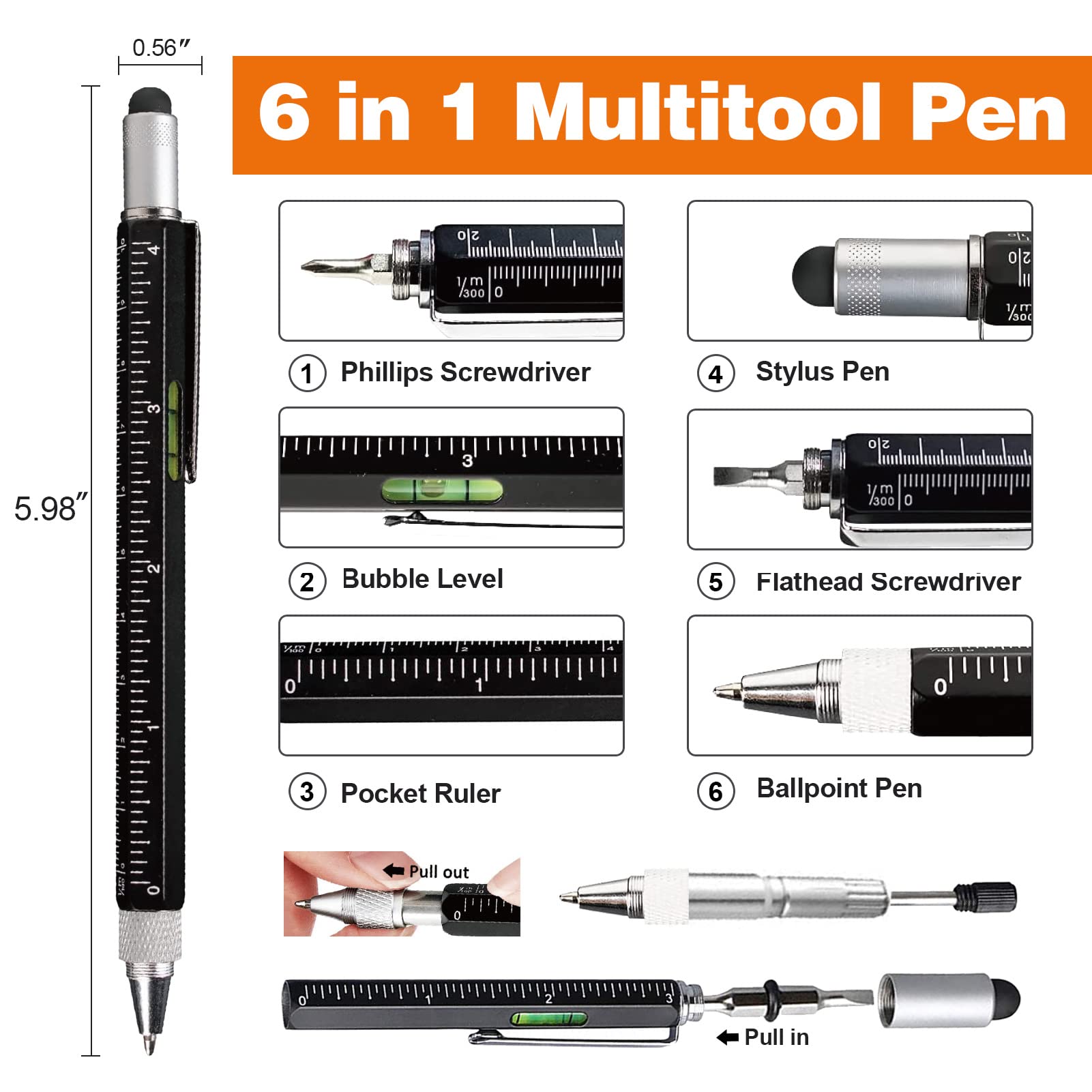 6-in-1 Magnetic Pickup Tool & Multitool Pen with Stylus - Includes Ruler, Bubble Level, Screwdrivers & Ballpoint Pen - Perfect Gift for Men, Husband, Boyfriend (2 Pack) - Great for DIY Projects, Office Work & Everyday Carry