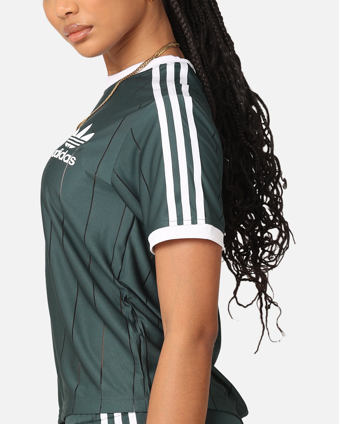 Adidas Women's 3 Stripes Pinstripe T-Shirt - Mineral Green Athletic Top for Running, Gym & Casual Wear