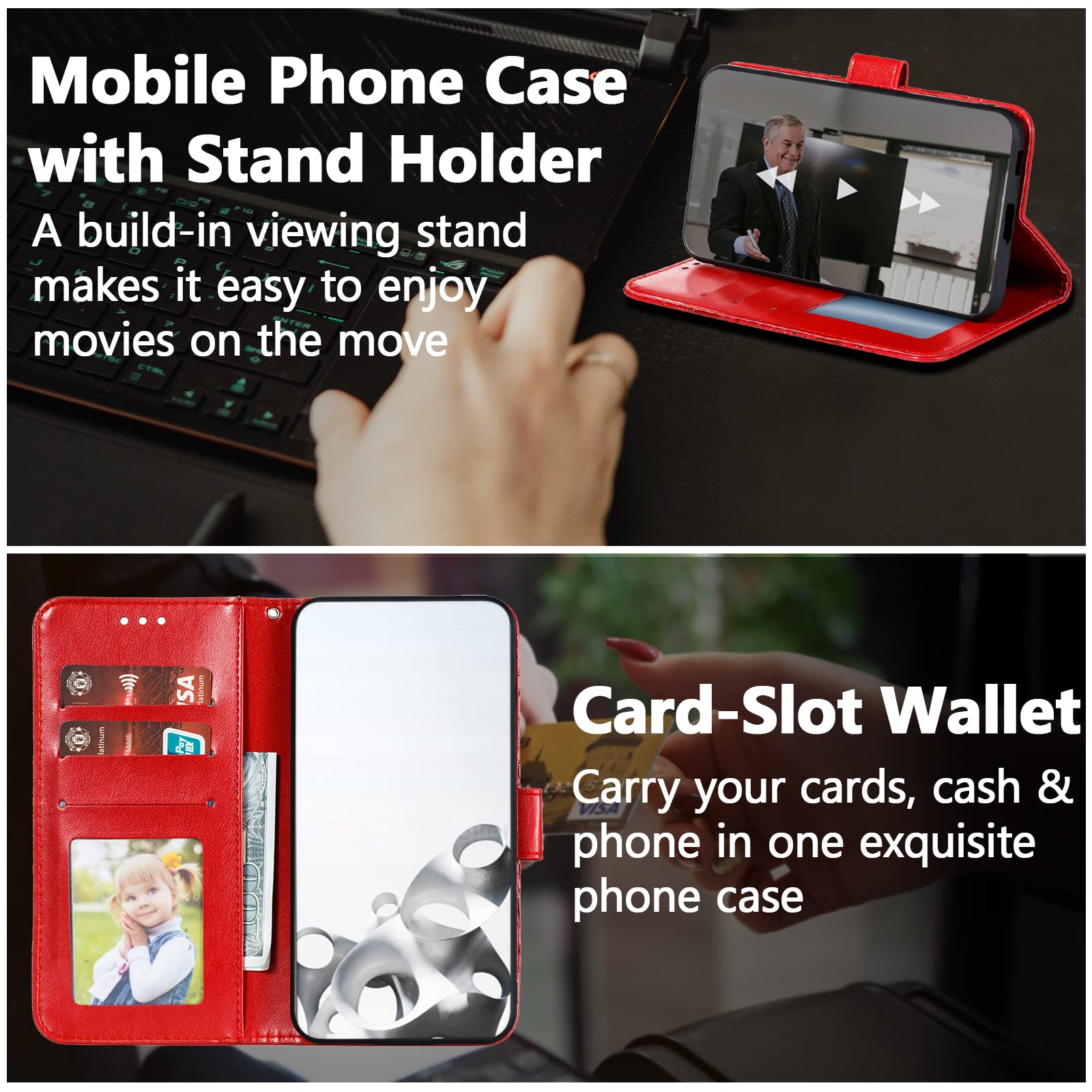 Premium Leather Mandala Flip Wallet Case for iPhone SE/7/8 (5G Compatible) - Magnetic Stand with Card Slots & Lanyard, Ultra Slim Embossed Cover (Red) - Perfect for Daily Commute, Travel & Hands-Free Viewing