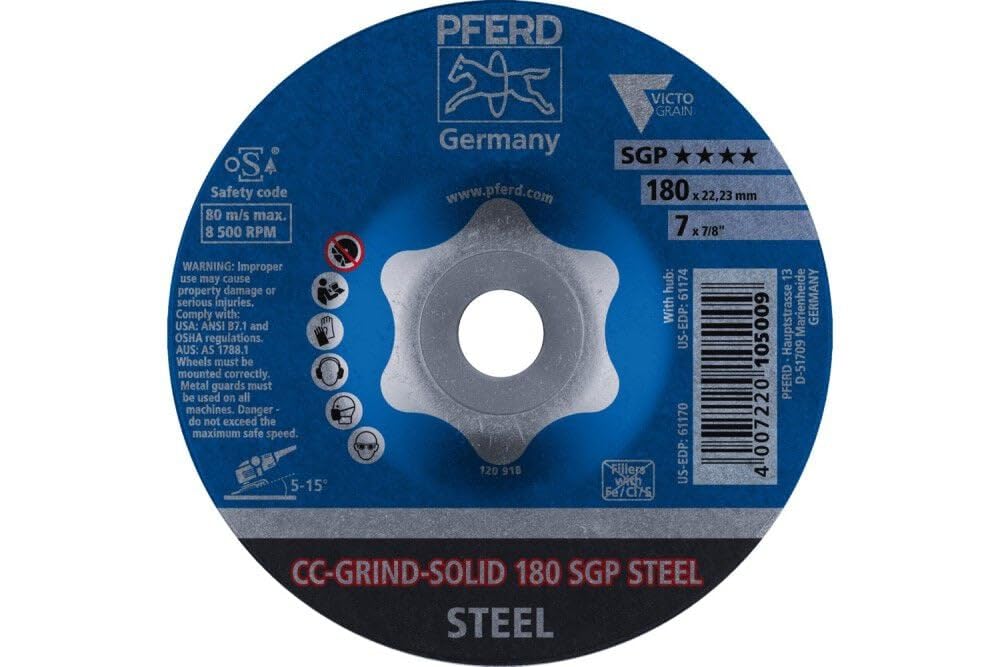 Pferd CC-Grind-Solid 7-Inch Grinding Disc with SGP Steel Victograin & Ceramic Abrasive - 7/8