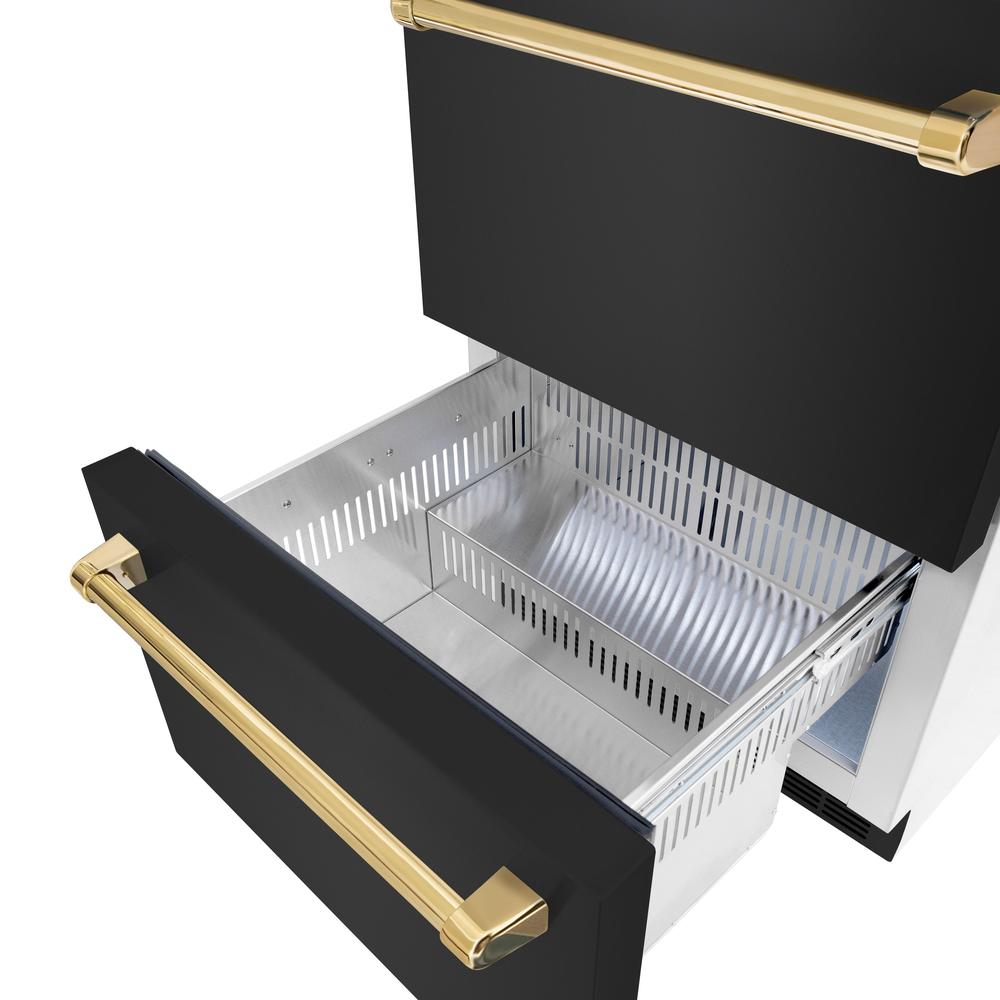 ZLINE Autograph Edition 24 Inch Touchstone 168 Can Outdoor Rated Dual Refrigerator Drawer - Black Stainless Steel with Polished Gold Handles (RDSOZ BS 24 G) | Perfect for Outdoor Kitchens, Patio Bars & Entertaining Areas
