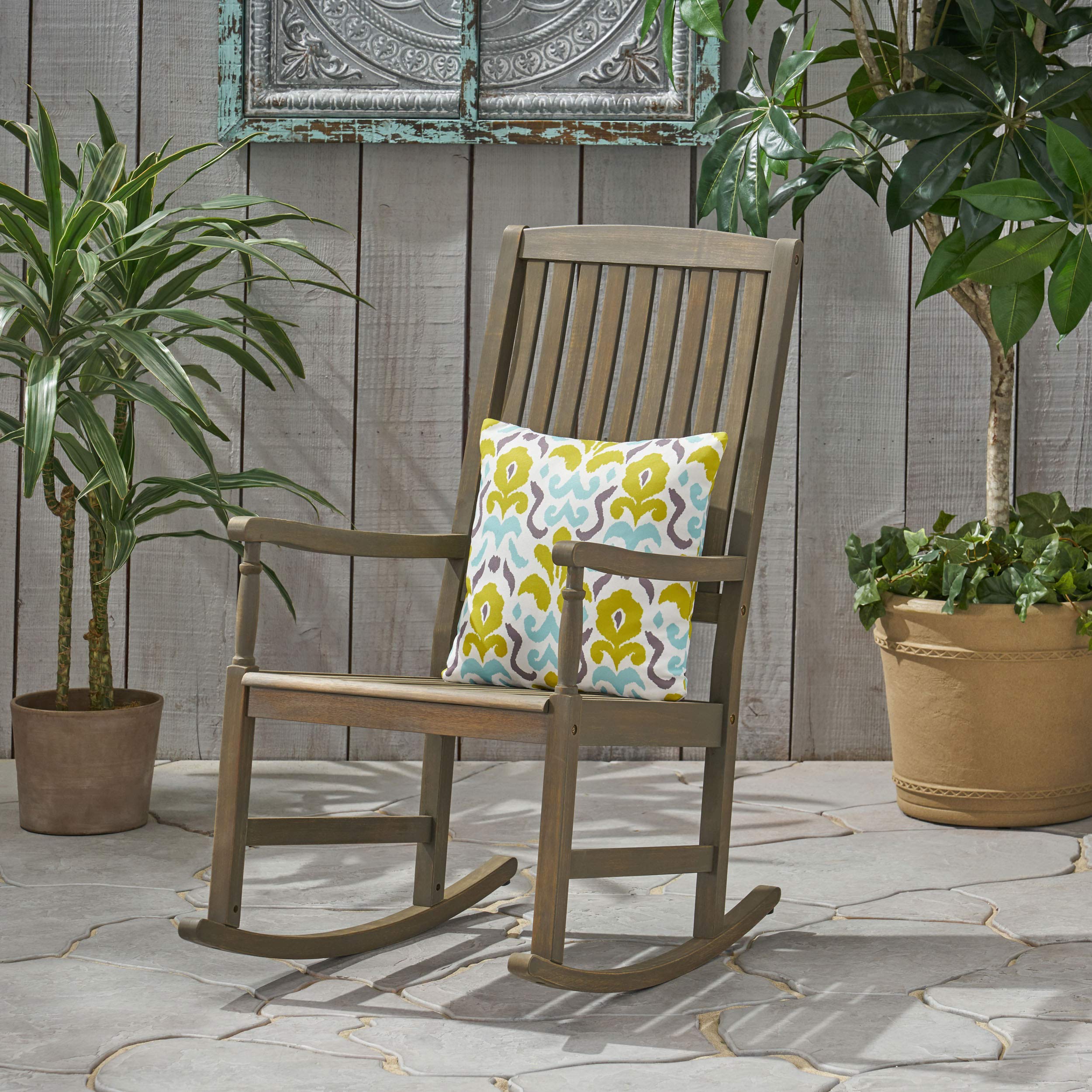 Premium Acacia Wood Outdoor Rocking Chair - Gray Patio Furniture for Garden, Porch & Backyard Relaxation | Weather-Resistant Comfort Seating for Adults | GDFStudio Modern Rocking Chair