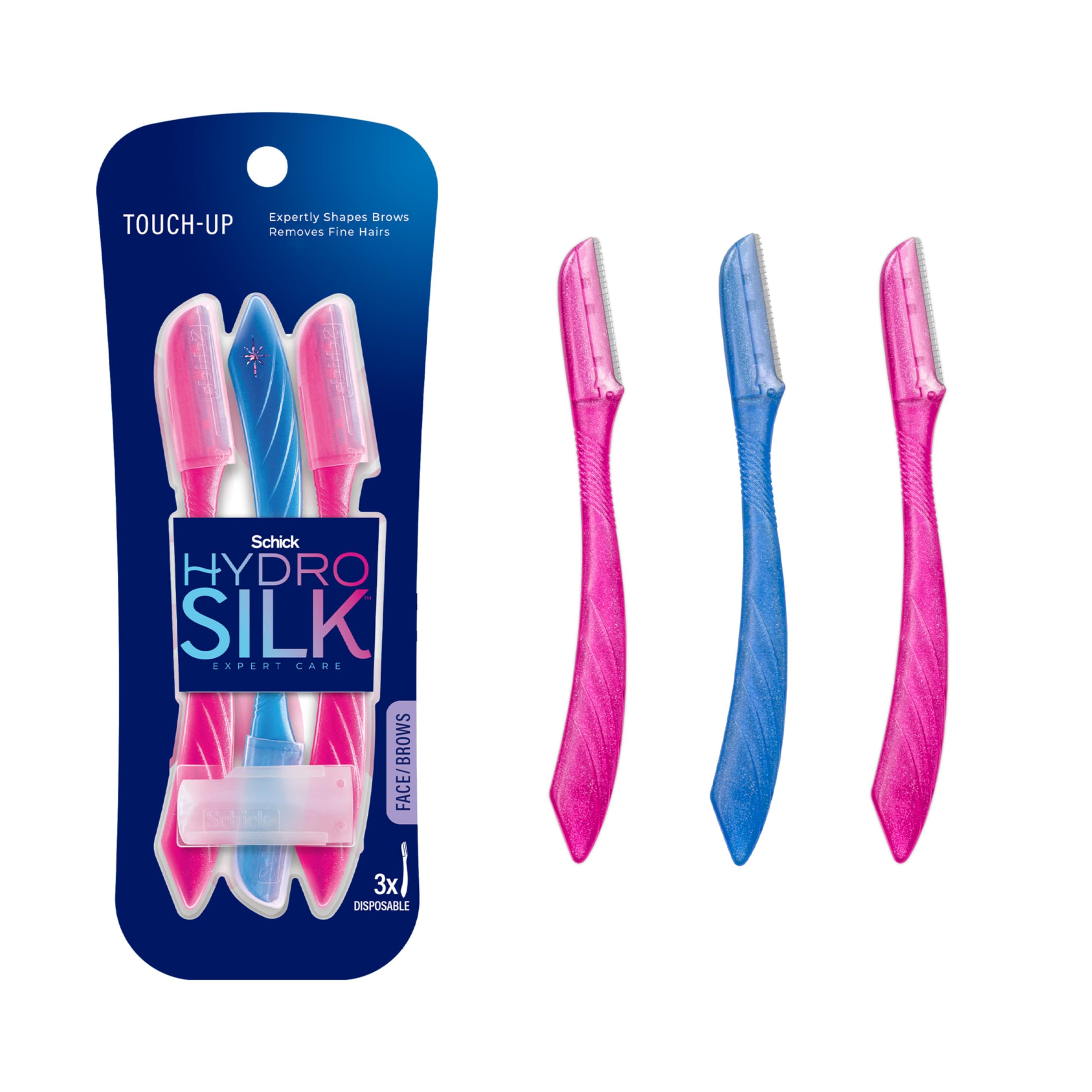 Schick Hydro Silk Touch-Up Dermaplaning Tool with Precision Cover - 3 Pack | Women's Facial Razor for Eyebrows & Peach Fuzz Removal | Smooth Skin Care & Makeup Prep | At-Home Dermaplaning & Beauty Routine Essential