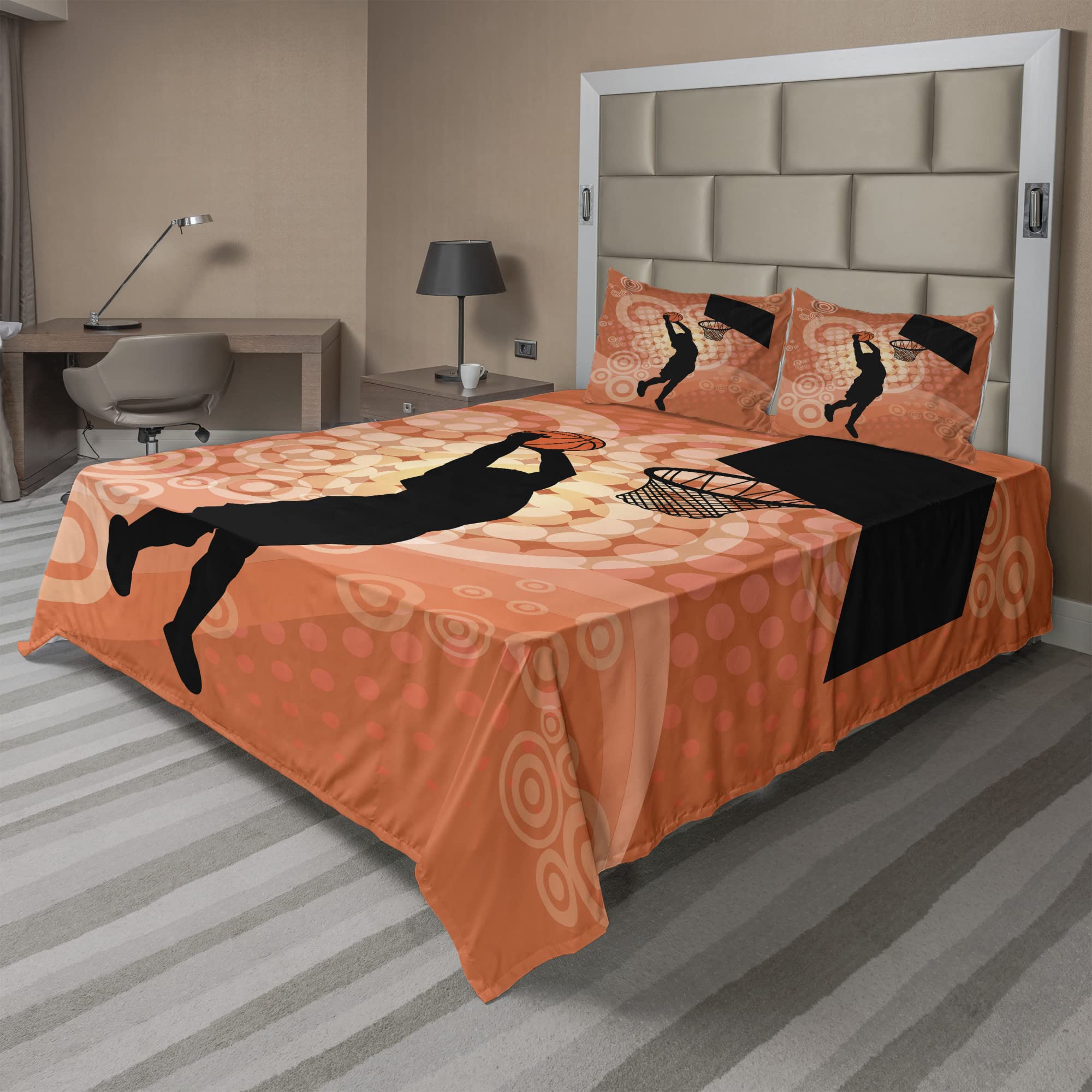 Ambesonne Basketball Bedding Set - 4 Piece King Size with Fitted Sheet, Flat Sheet & Pillowcases - Basketball Player Silhouette Design in Pale Orange & Black - Perfect for Sports Fans, Dorm Rooms & Game Day Decor