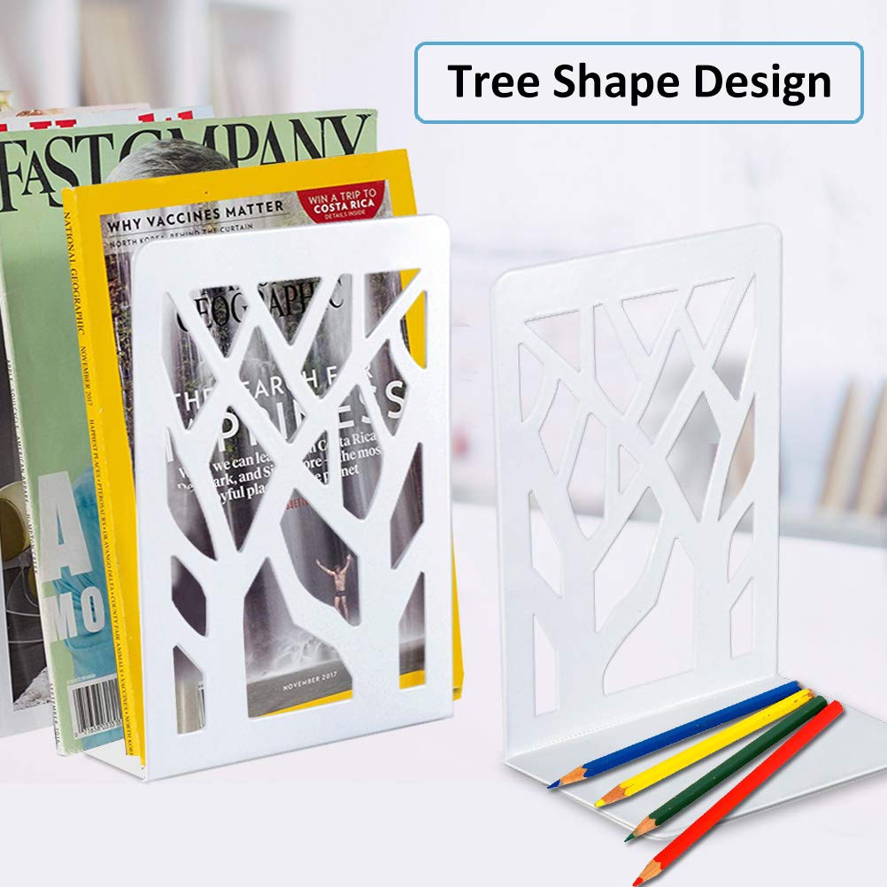 Heavy Duty Metal Bookends for Shelves - 3 Pairs White Decorative Book Stoppers - Secure Large Books & Organize Home Office, Library, or Study Room