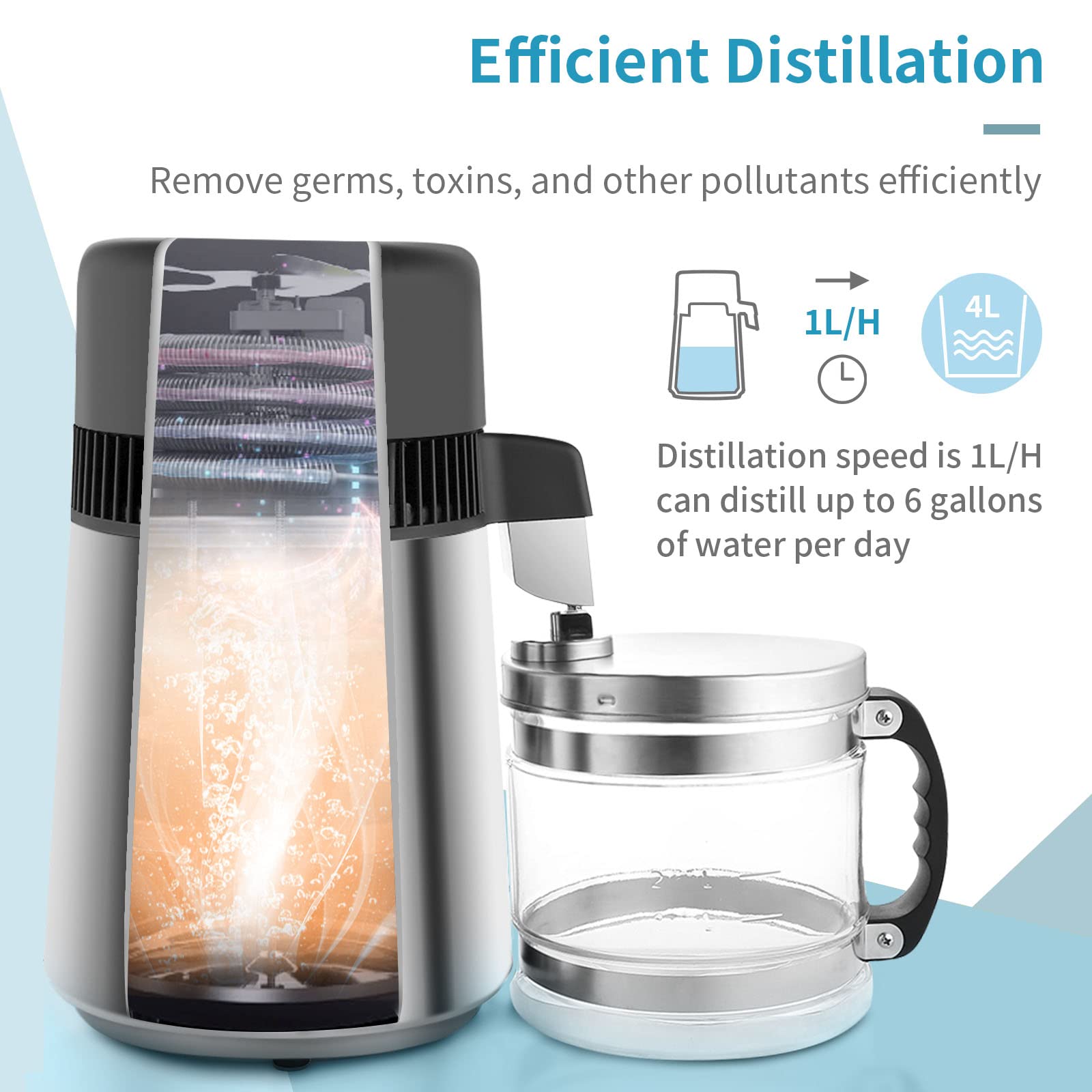 **Bonnlo Upgraded 4L Water Distiller Countertop 750W with Glass Container & Stainless Steel Interior - Pure Water Maker for Home, Lab, Baby Formula, and Humidifiers**