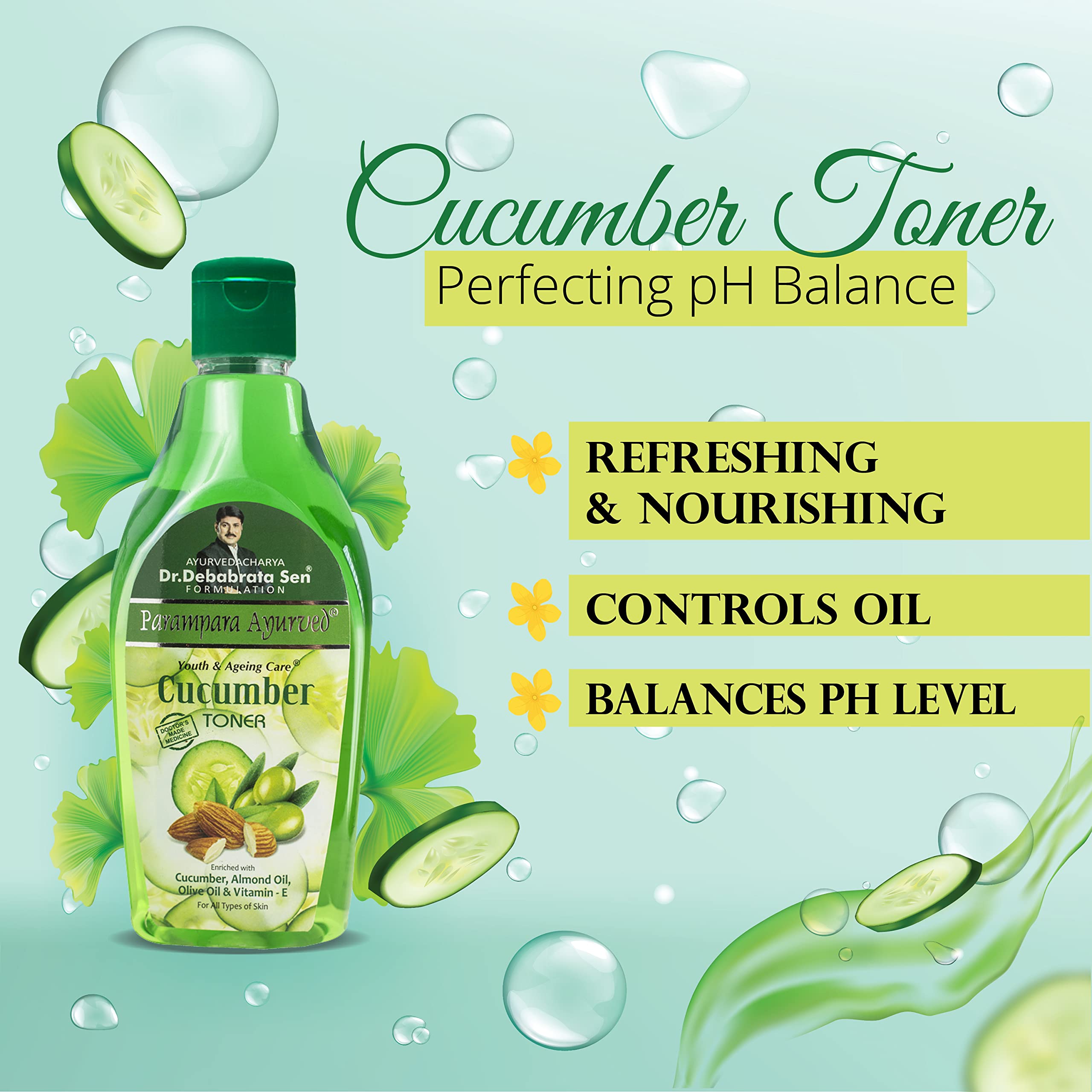 Parampara Ayurvedic Cucumber Toner with Vitamin E, Almond Oil & Olive Oil | Hydrating, Anti-Pigmentation, Pore Tightening & Acne Treatment | Deep Cleanser for Clear Skin | Sun Damage Repair & Skin Refreshment | 250ml | Perfect for Daily Skincare Routine & Post-Sun Care