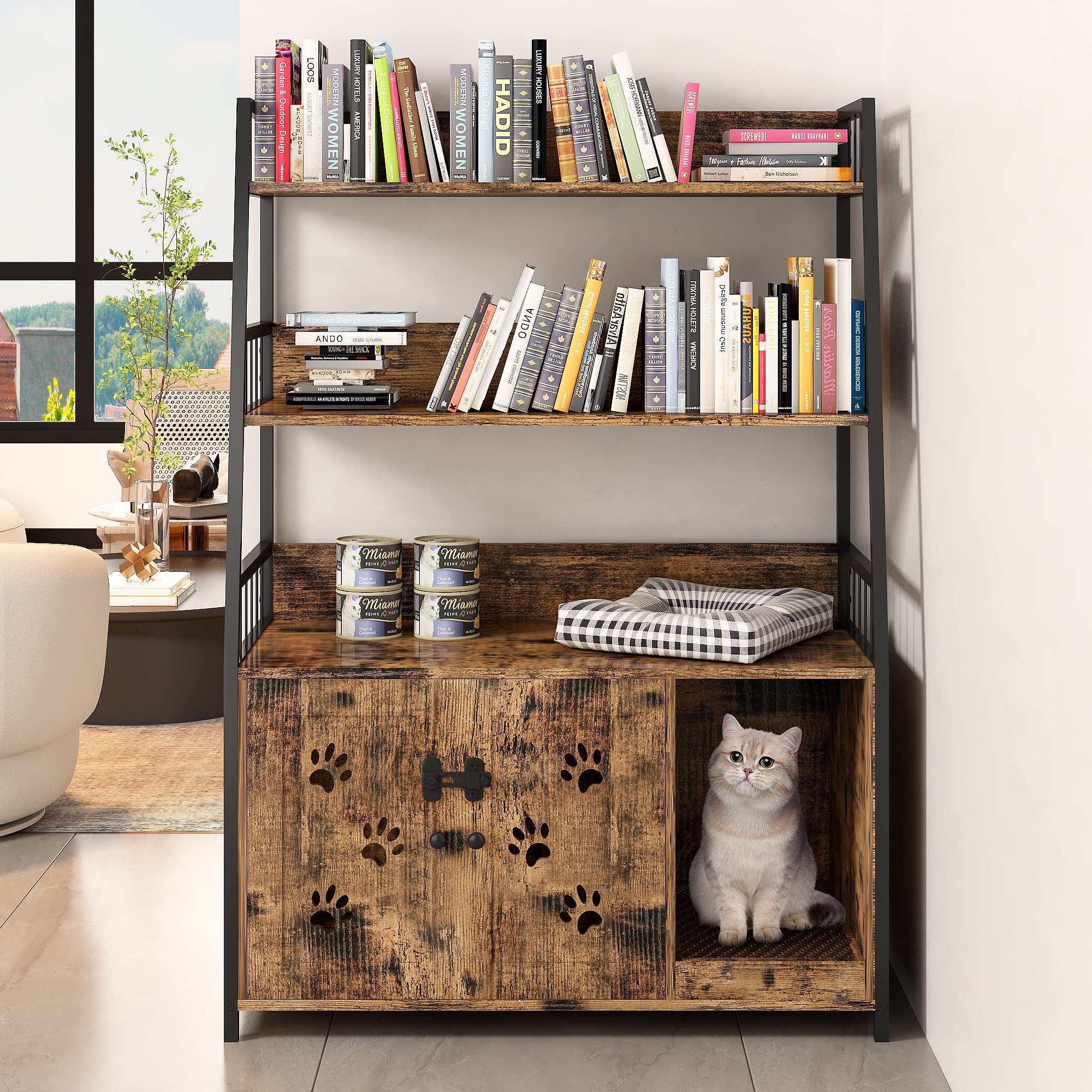 Large Cat Litter Box Enclosure with Storage Shelf - Hidden Cat Washroom Furniture - Wooden Cat House with Scratching Pad - Sturdy 2-Door Indoor Cat Cabinet in Rustic Brown - Perfect for Small Spaces & Multi-Cat Homes