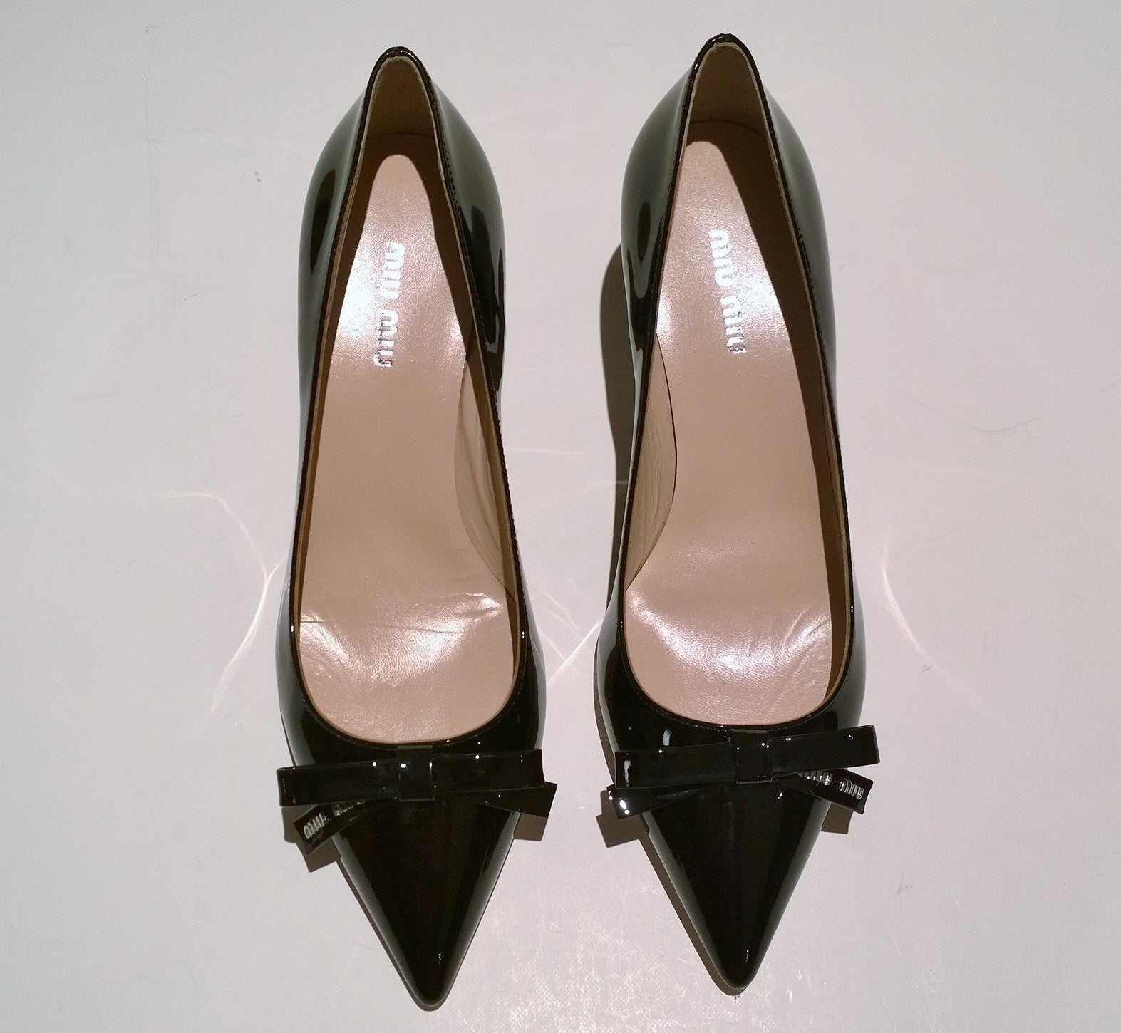 Miu Miu Black Patent Leather Bow Heels with Logo - Elegant Women's Dress Shoes for Parties, Weddings & Formal Events