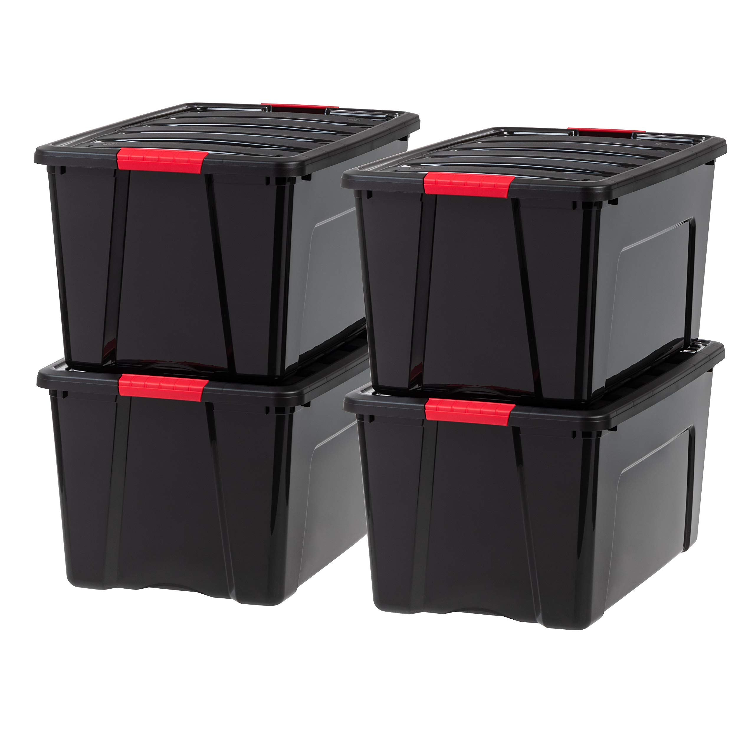 IRIS USA 72 Qt Stackable Plastic Storage Bins with Lids, 4 Pack - BPA-Free, Made in USA - Durable Nestable Containers for Garage, Basement & Closet Organization - Secure Pull Handle & Latches - Black Storage Bins for Home, Office & Warehouse Use