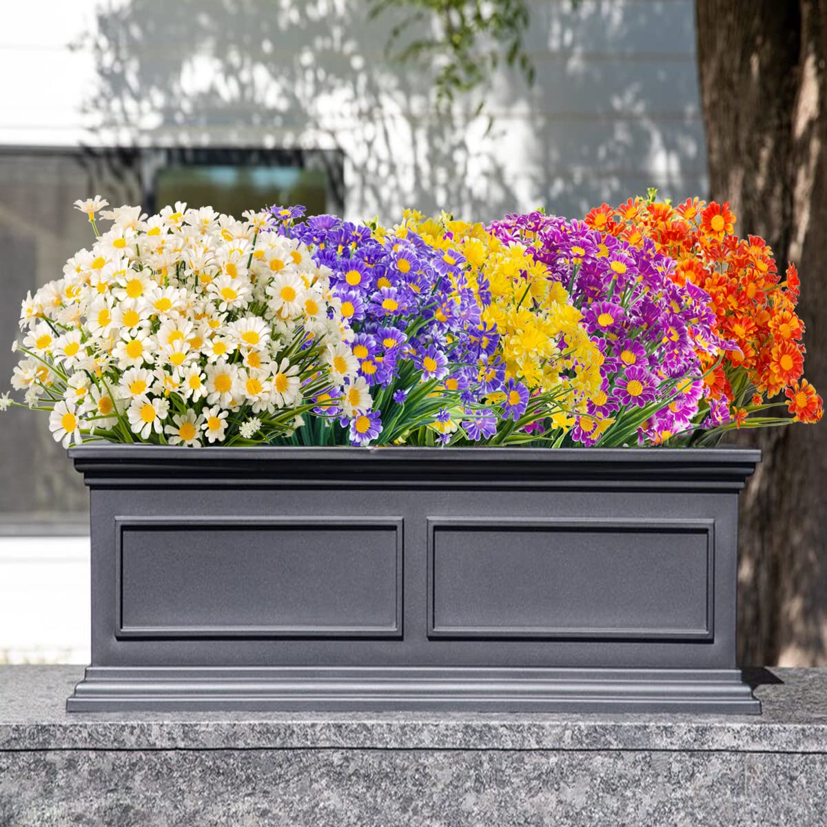 20 Bundles UV Resistant Outdoor Artificial Daisy Flowers - Faux Plastic Plants for Indoor & Outside Decoration (Yellow) | Perfect for Garden, Patio, Wedding & Home Decor