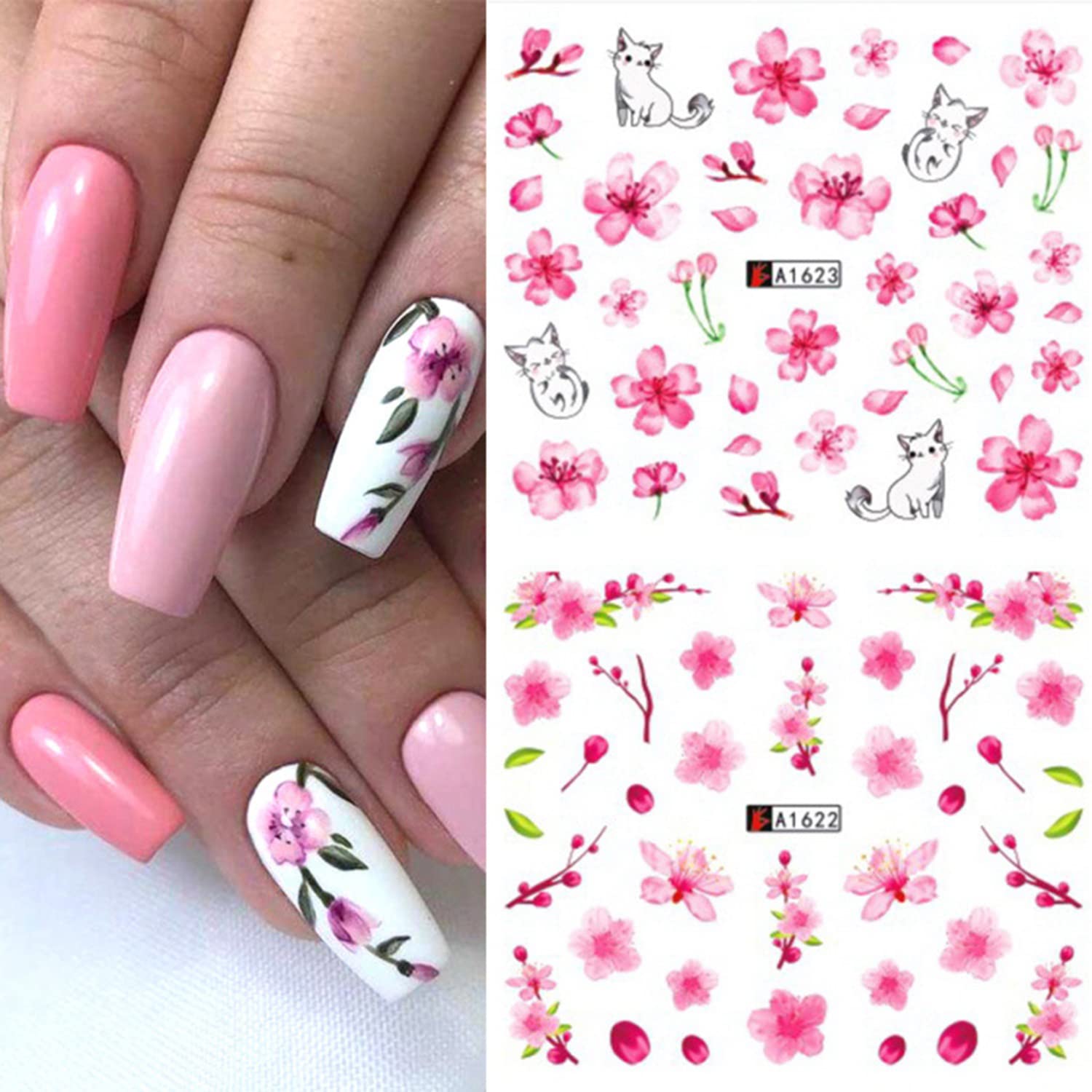 Cherry Blossom Nail Stickers - Holographic Floral Water Transfer Decals for DIY Nail Art | Pink Flower Nail Designs for Women | Manicure Supplies & Acrylic Nail Decorations | Perfect for Spring Nails, Bridal Parties & Salon Use