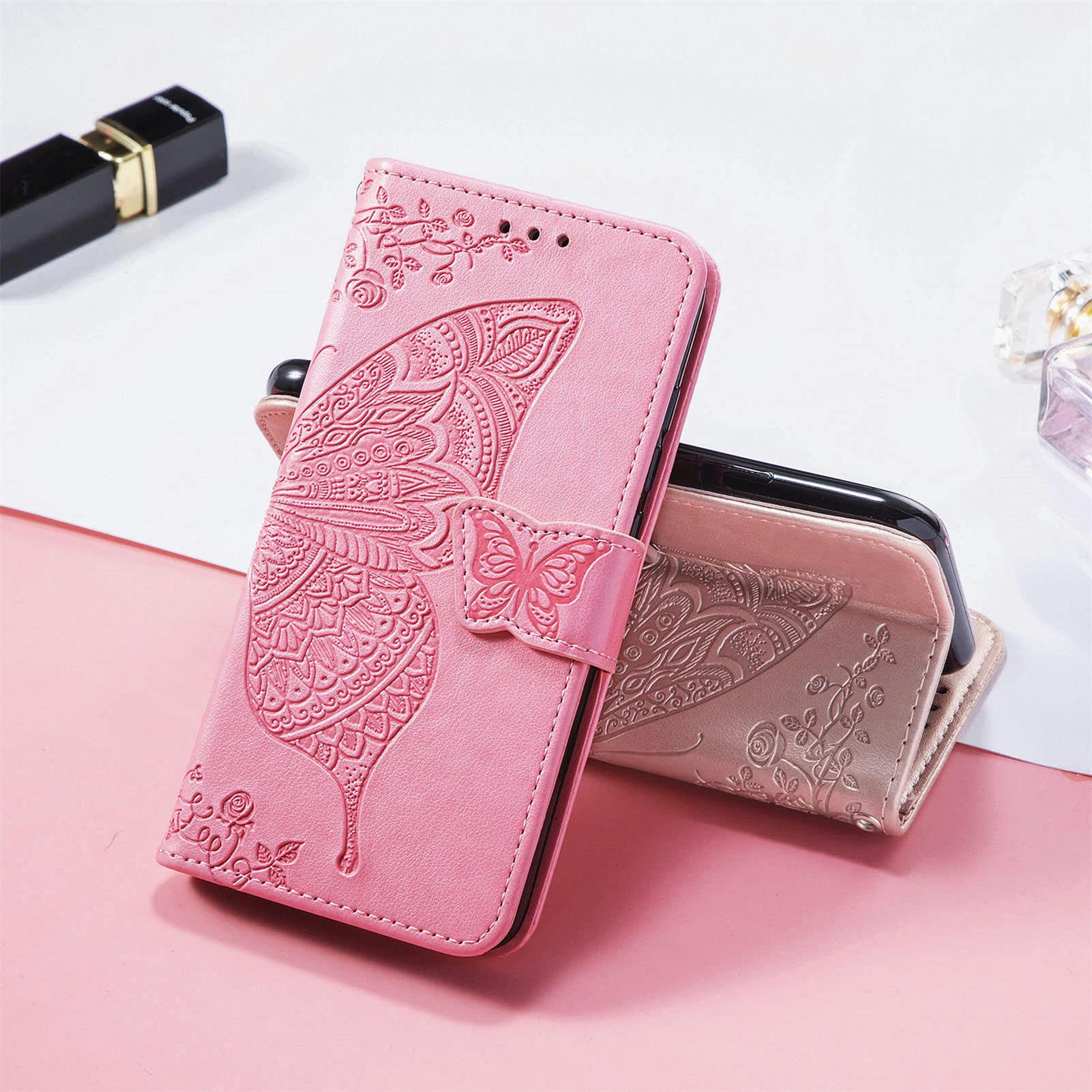 Motorola Moto G Play 2024 Wallet Case - PU Leather Flip Cover with Card Slots, Wrist Strap & Kickstand | Protective Phone Case with Butterfly Flower Embossed Design in Pink | Perfect for Everyday Use, Travel & Hands-Free Convenience