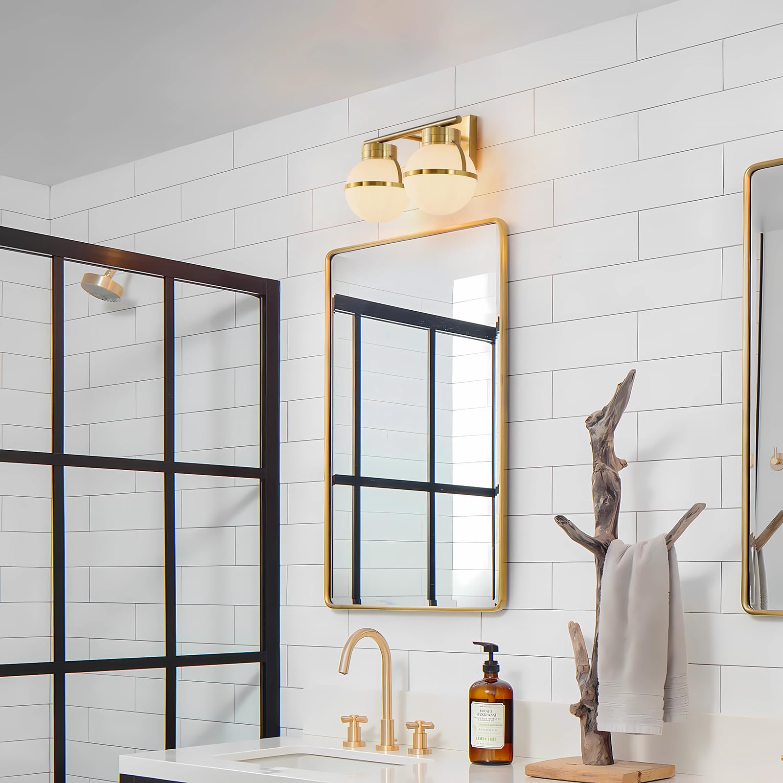 Gold Bathroom Vanity Light Fixture - 2 Light Modern Vanity Lighting with Frosted Glass Shades & Metal Base (15.2 inch) - Perfect for Bathroom, Powder Room & Dressing Area - Excludes E26 Bulb