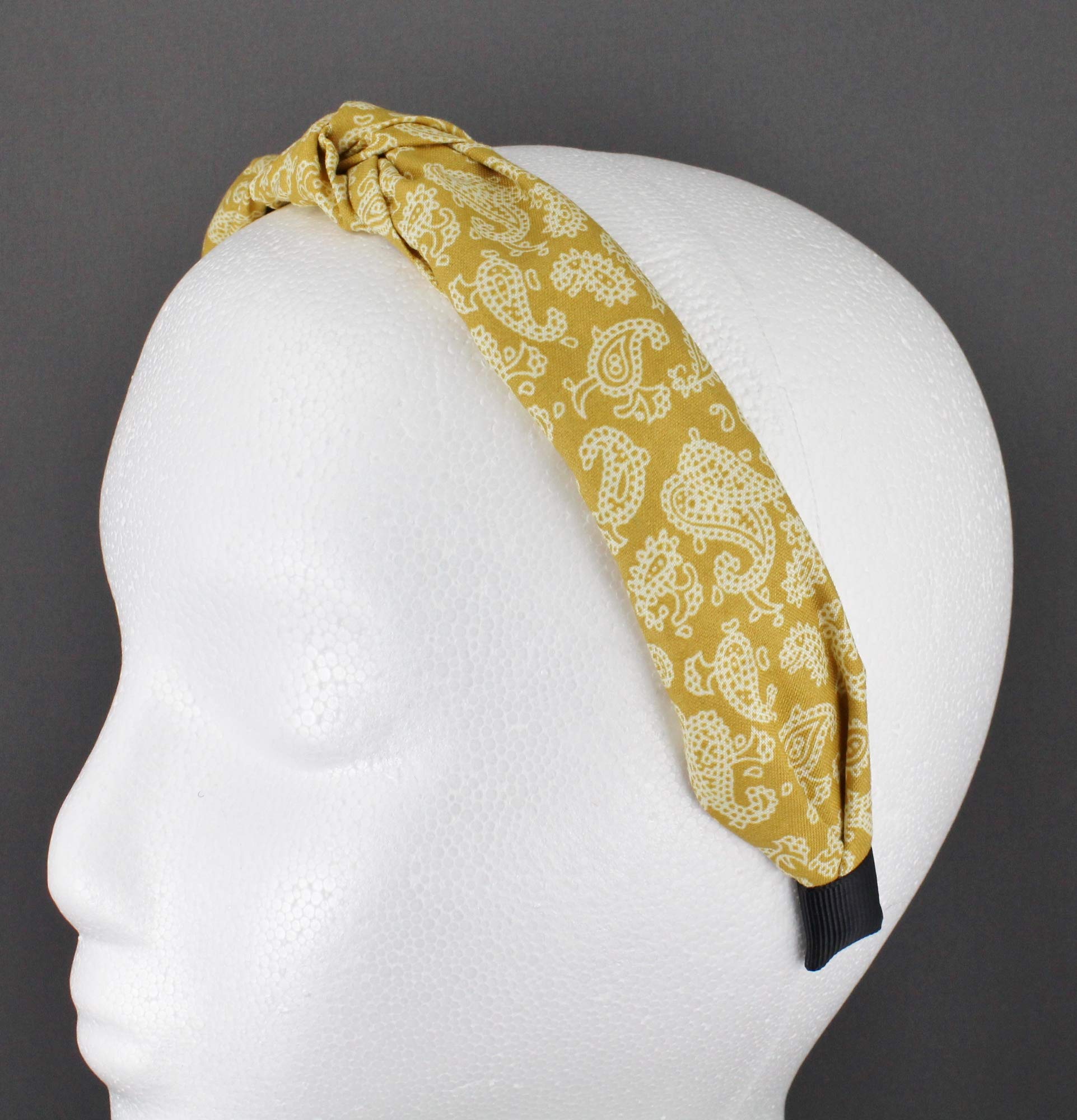 Yellow and White Turban Knot Headband - Paisley Fabric Covered Hair Band with Grip Teeth for Women | Yoga, Workout, and Fashion Accessory