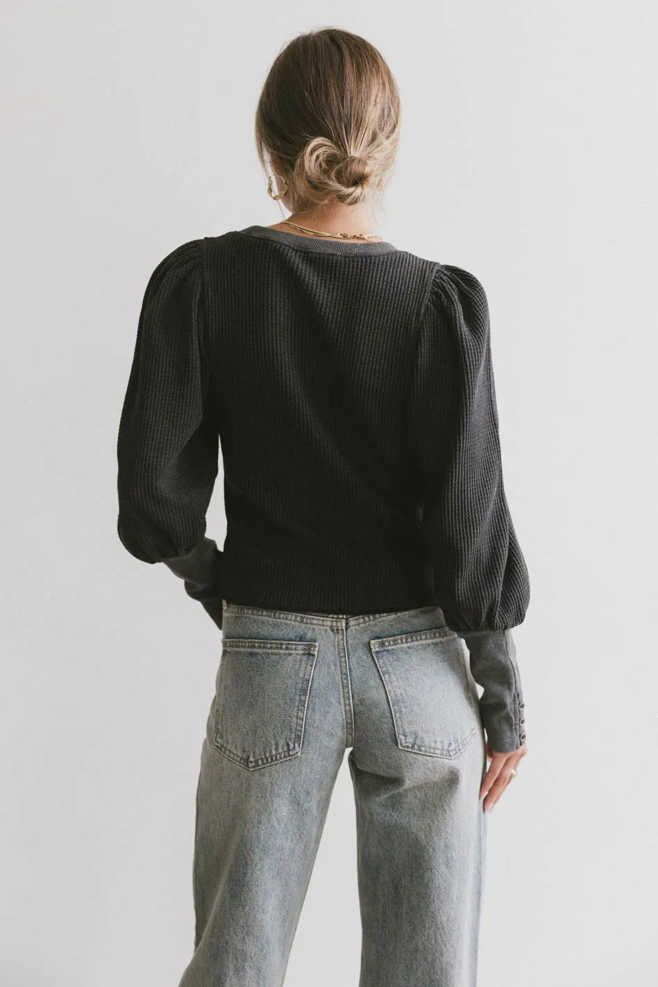 Lettie Waffle Knit Top Women's Long Sleeve Shirt - Soft Black Thermal Sweater for Fall & Winter | Casual Outfits, Layering, Office Wear