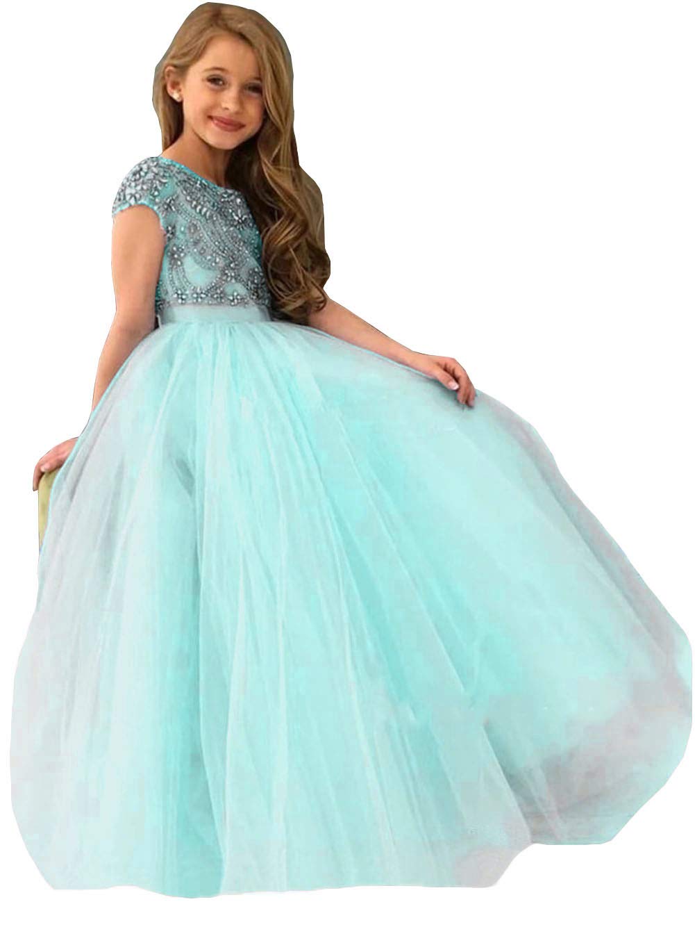 Emmani Girls Tulle Pageant Dress with Rhinestones & Beaded Flowers - Elegant Kids Birthday Party Gown for Weddings, Pageants, Special Occasions & Photo Shoots