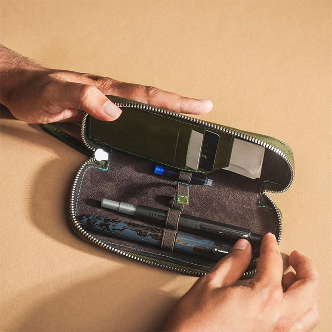Premium Adjustable Leather 3-Pen Pouch - Green | Endless Companion | Perfect for Office, School & Travel Organization
