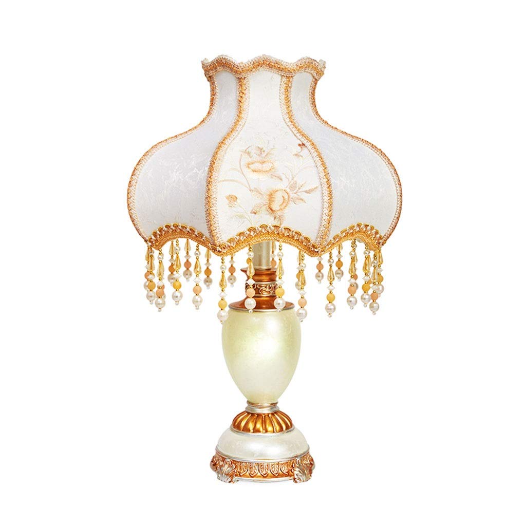 European Style Table Lamp with Embroidery Fabric Shade - Bedside Nightstand & Desk Light for Bedroom, Living Room - Push Button Switch, Light Beige - Perfect for Reading, Relaxing & Home Decor