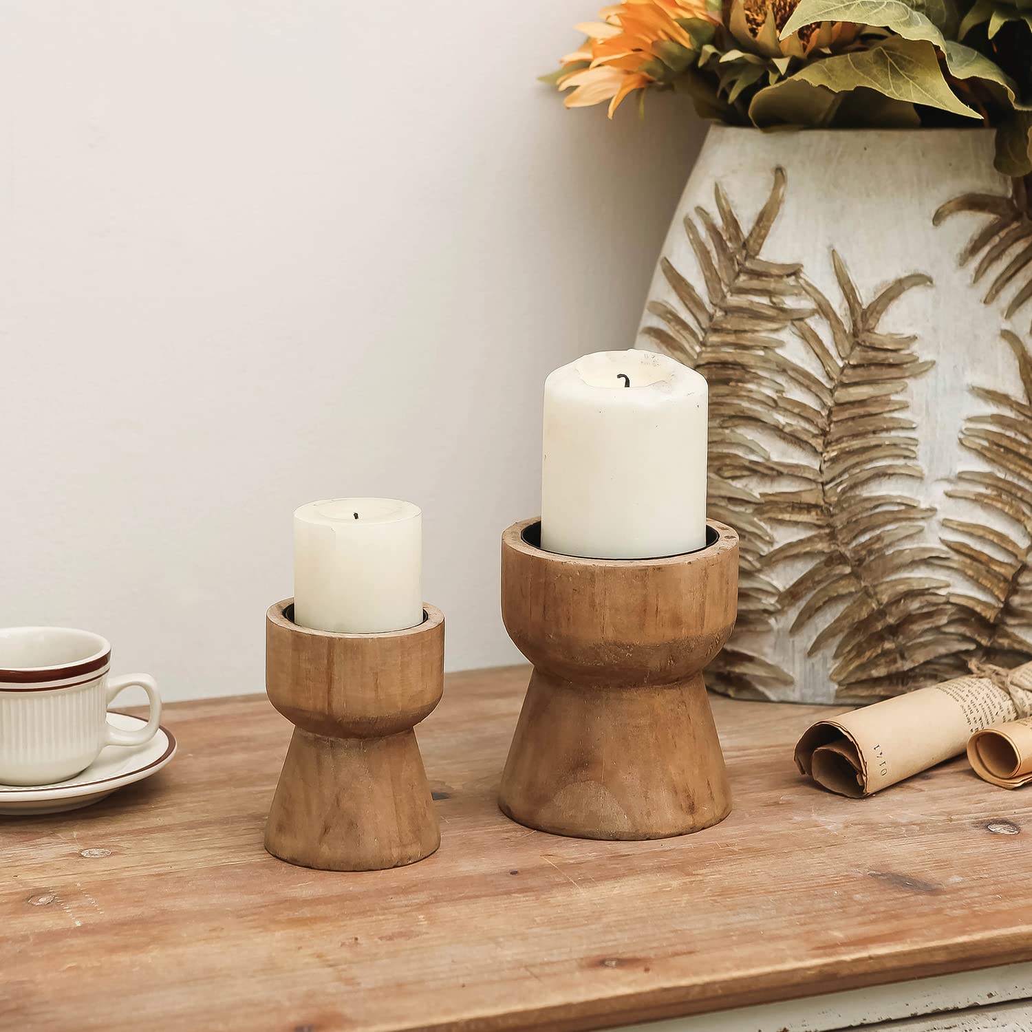 Rustic Wood Candle Holder Set of 2 - Farmhouse Pillar Candlesticks Pedestal for Fireplace Mantle, Coffee Bar, Dining Table Centerpiece Decor | Perfect for Wedding, Christmas, Home Decor & Cozy Ambiance