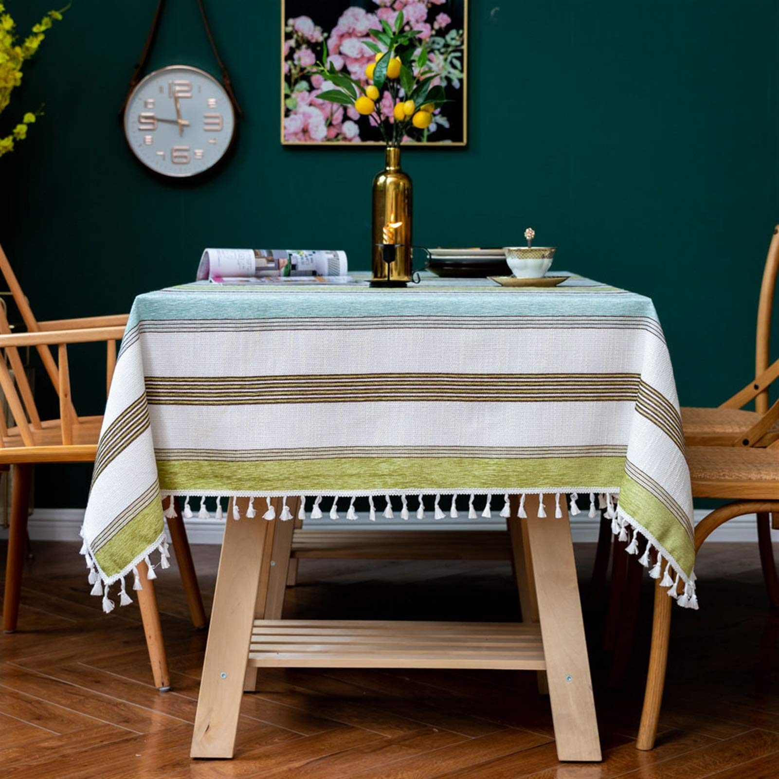 Premium Nordic Tassel Christmas Tablecloth - Thick Cotton Linen Blend with Elegant Green & Blue Stripes, Dustproof Lace Trim - Perfect for Holiday Dining, Party Decor, and Festive Home Decorations