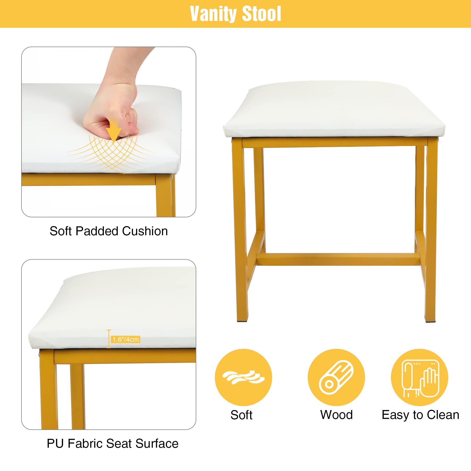 43'' Gold and White Makeup Vanity Table Set with 3 Mirrors & LED Lights, Vanity Desk with Cushioned Stool & 5 Drawers, Storage Shelves for Bedroom - Perfect for Dressing Room, Beauty Salon & Home Decor