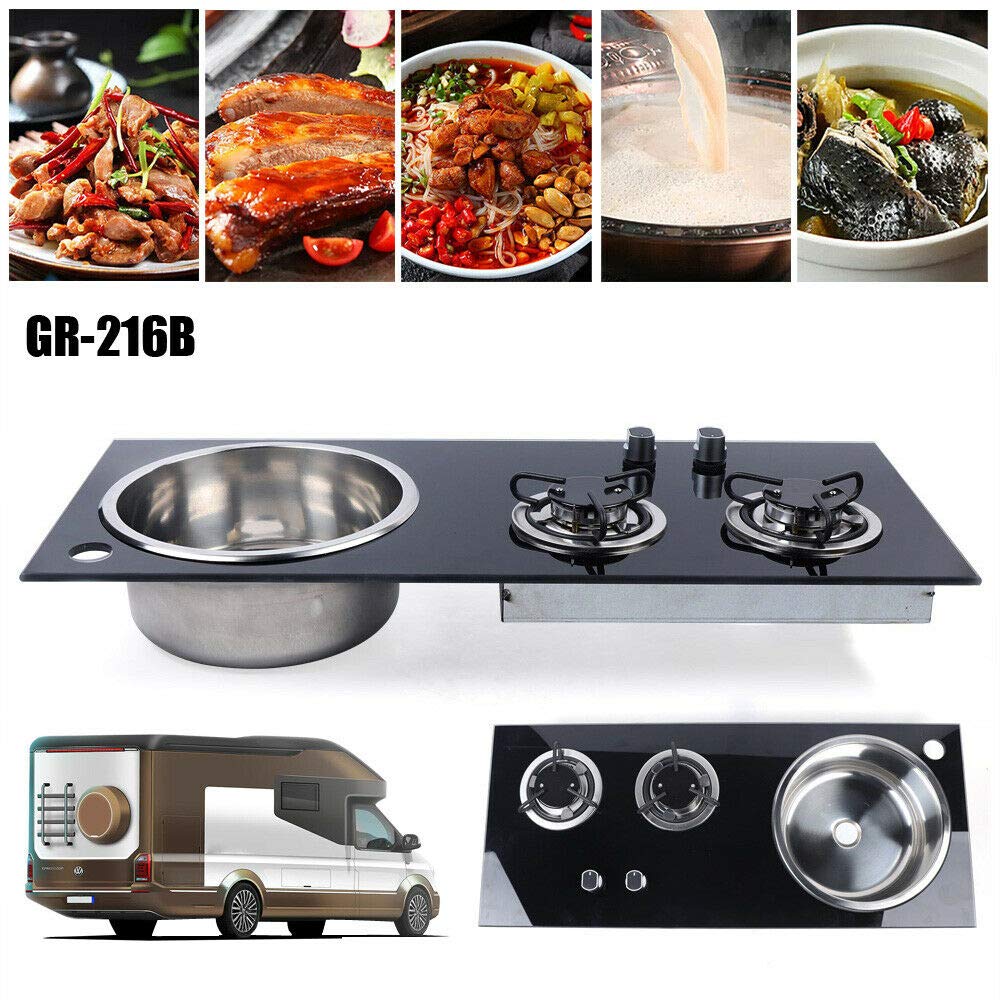 2 Burner Gas Cooktop with Sink - Tempered Glass LPG Stove for RV, Boat, Camper & Caravan | Easy Clean Design | Perfect for Outdoor Cooking, Small Apartments & Mobile Living