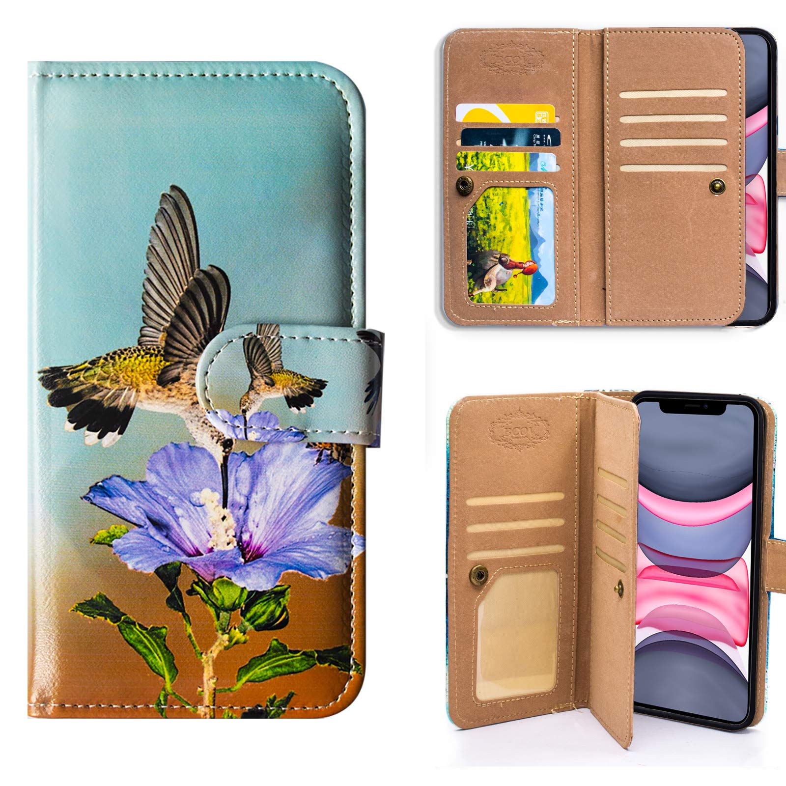 **Hummingbird Purple Flower Leather Flip Wallet Case for iPhone 12 Pro Max with Card Slot Holder & Kickstand – Stylish Protection for Everyday Use & Travel**