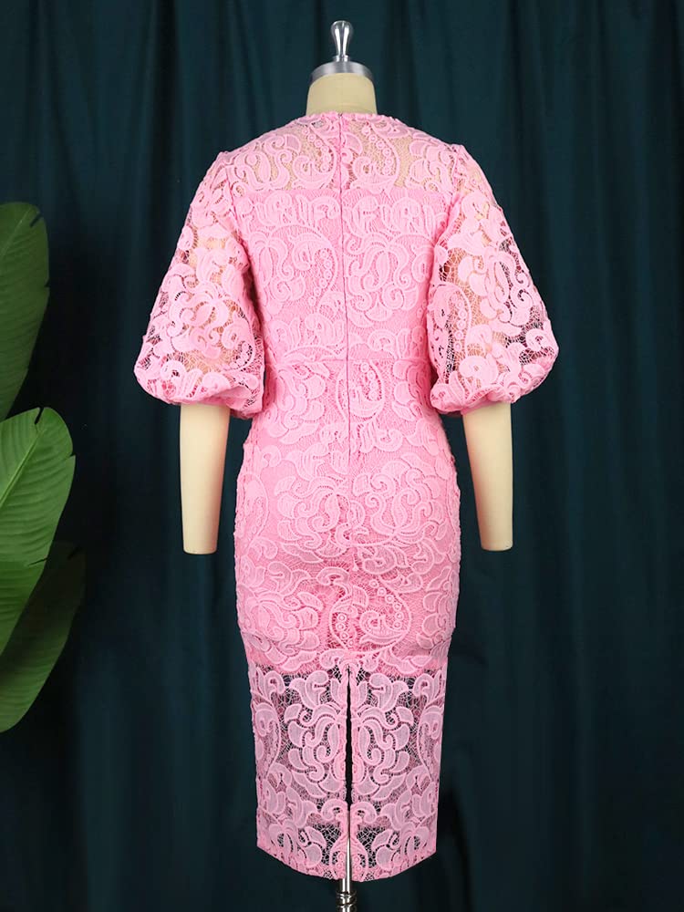 ONTINVA Women's Plus Size Crewneck Long Lantern Sleeve Bodycon Lace Midi Dress - Flattering Pink Formal Dress for Wedding Guest, Cocktail Party & Evening Occasions (Size M/Medium)