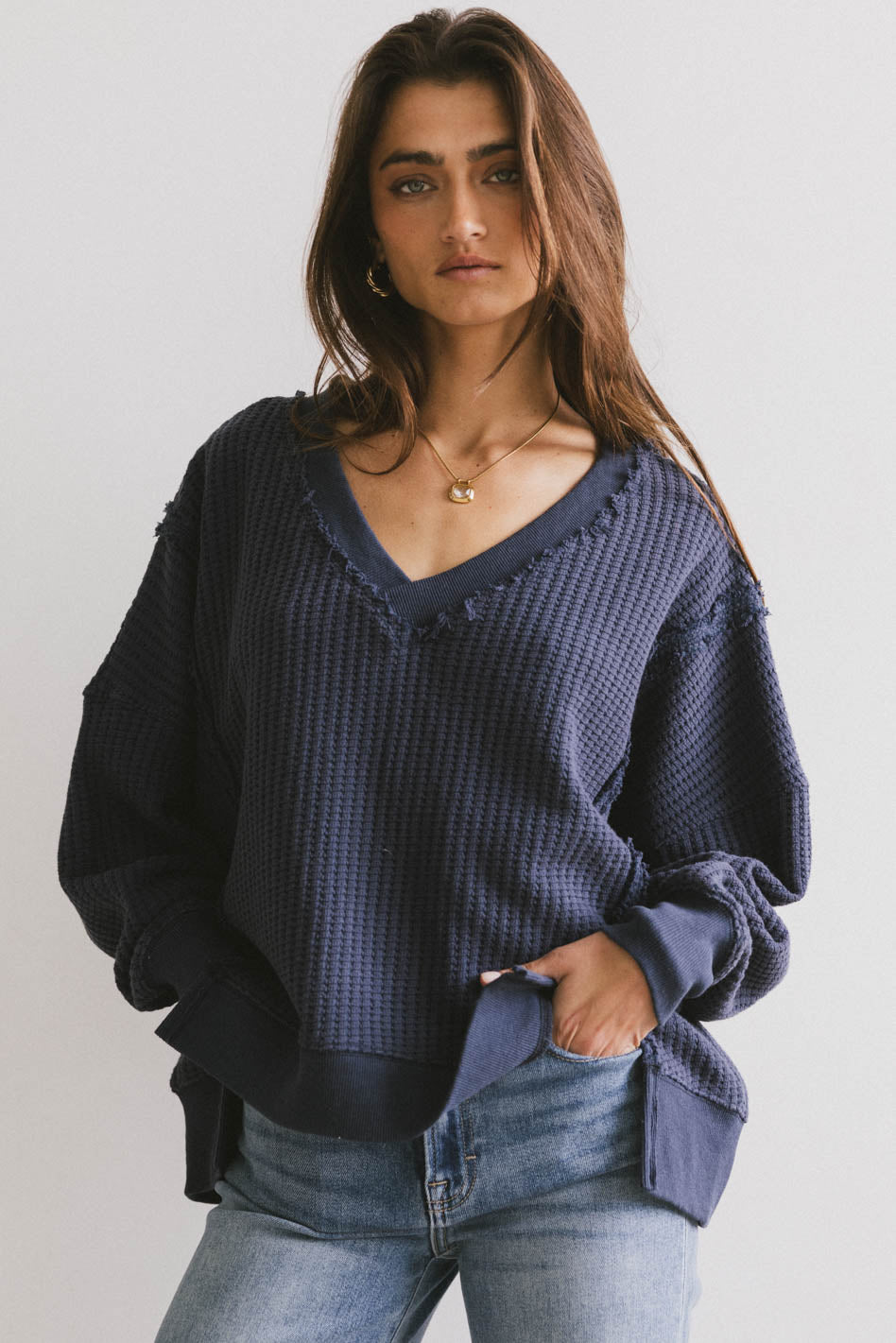Ellis Waffle Knit Top Women's Long Sleeve Crewneck Sweater - Navy Blue Casual Winter Pullover for Work, Date Night & Cozy Outfits