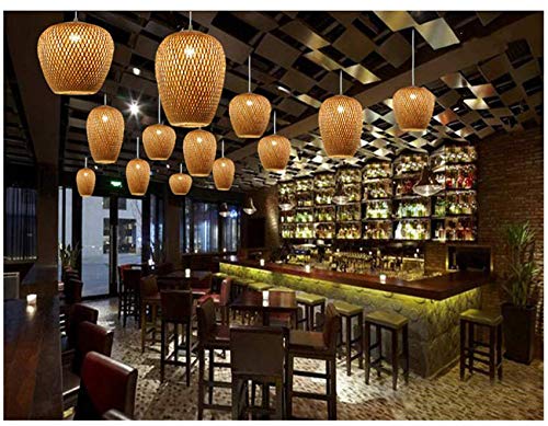 LITFAD Double-Decker Bamboo Pendant Light - Rustic Woven Beige Ceiling Hanging Lamp with Adjustable Cord (7.1