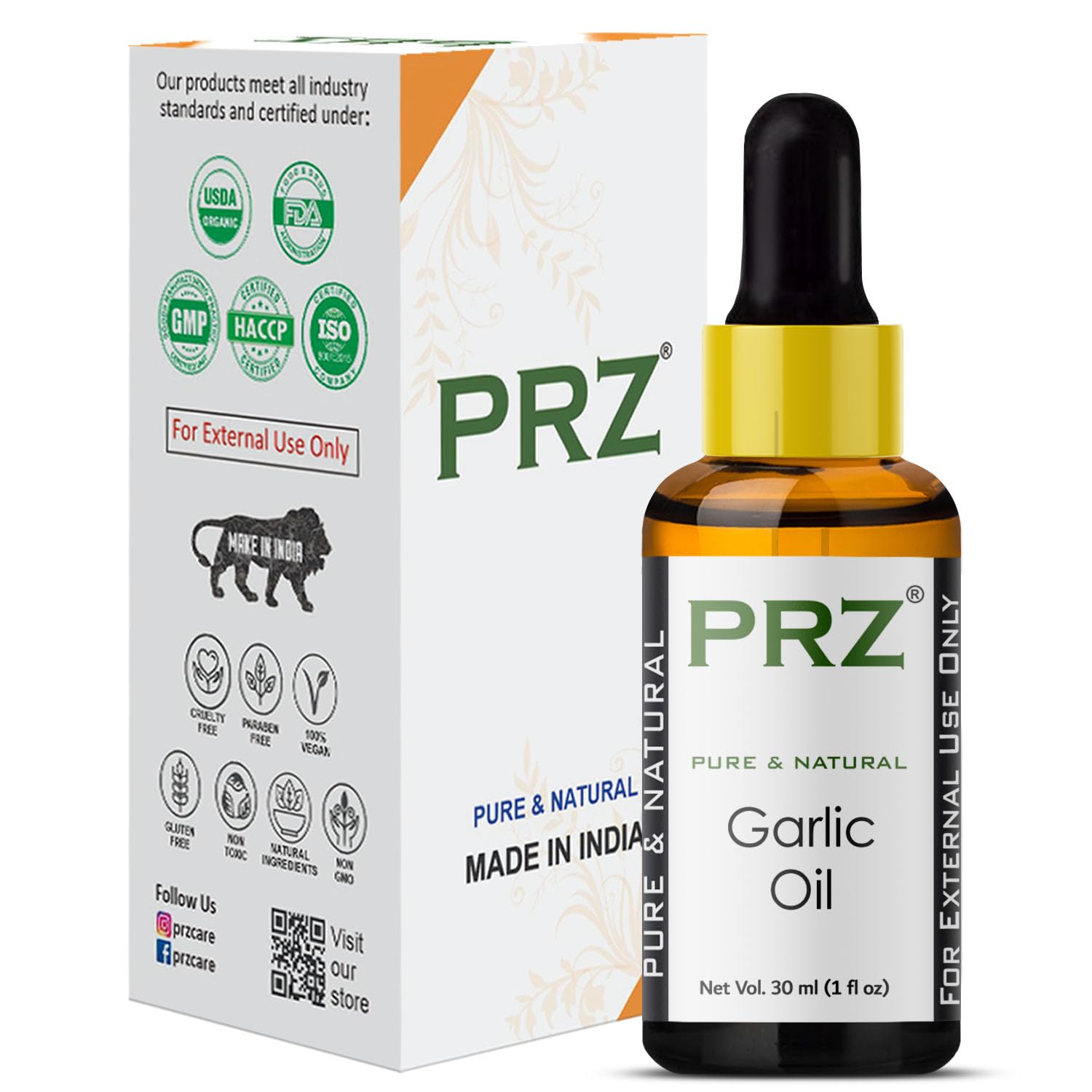 PRZ Pure Natural Therapeutic Grade Garlic Essential Oil - 30ml for Aromatherapy, Skin Care, Hair Growth & Immune Support | Perfect for Diffusers, Massage & DIY Beauty Recipes