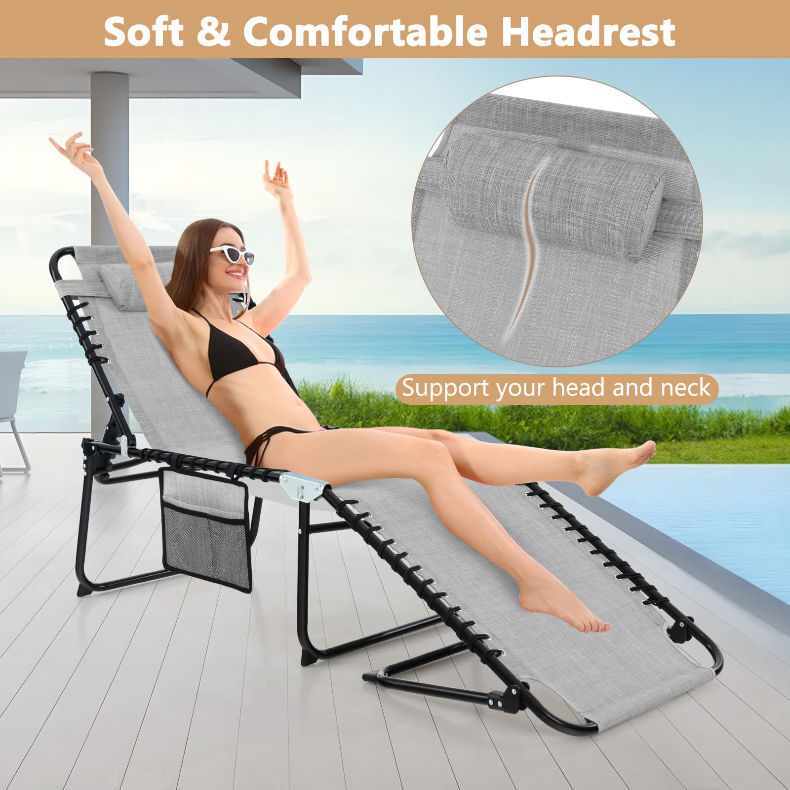 Giantex 2-Pack Folding Patio Lounge Chairs with Headrest - Adjustable Tanning Chairs for Outdoor, 4 Position Settings & Side Pocket - Perfect for Poolside, Beach Sunbathing, Backyard Relaxation & Camping - Grey