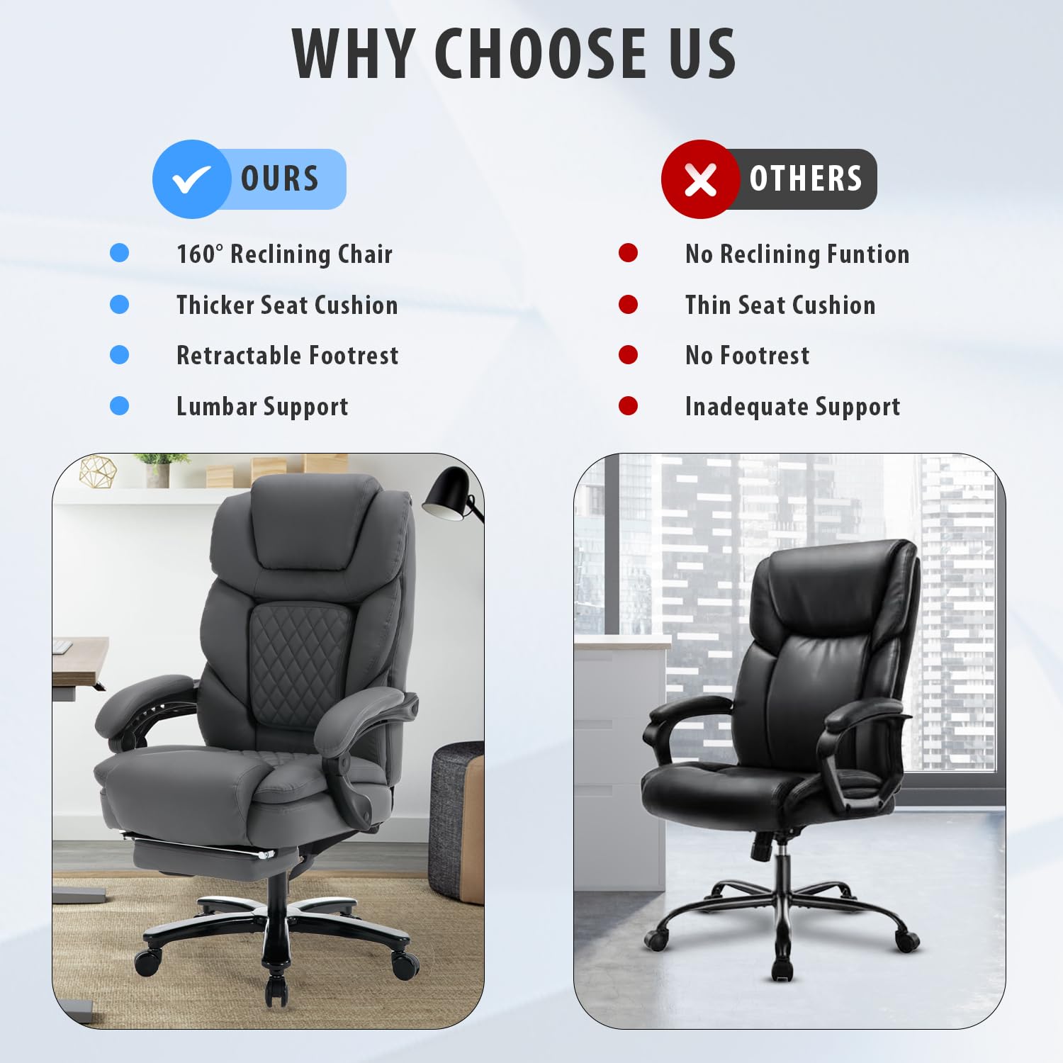 450lbs Heavy Duty Big & Tall Office Chair with Footrest - Ergonomic Reclining Leather Executive Desk Chair, Wide Seat for Back Support - Plus Size Managerial Chair in Gray - Perfect for Home Office, Gaming & Conference Rooms