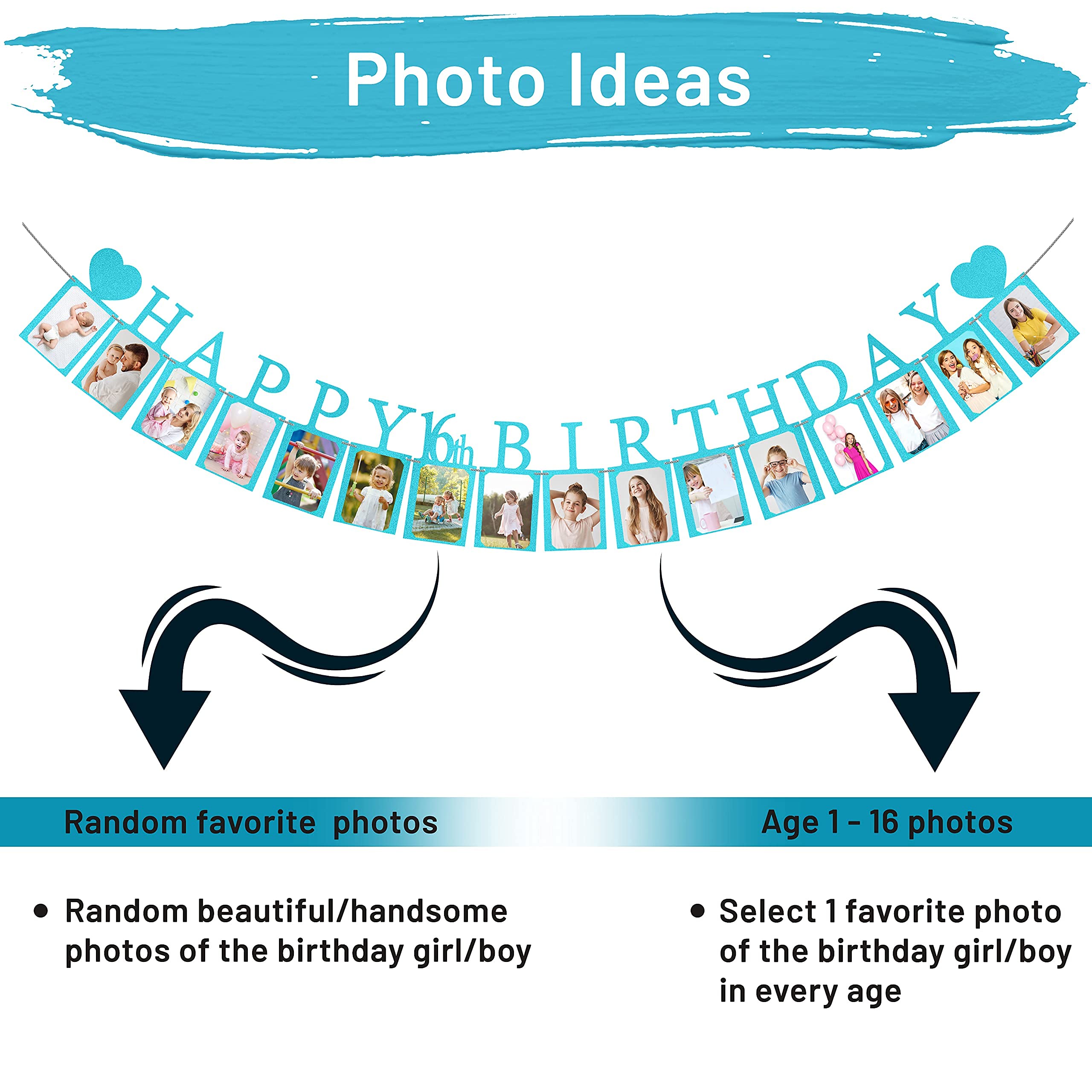 Blue Sweet 16 Birthday Party Decorations - Pre-assembled Photo Banner with 16 Card Frames & Signs - Perfect for Girls' Milestone Birthday Celebrations, Sweet 16 Parties, and Memorable Photo Backdrops
