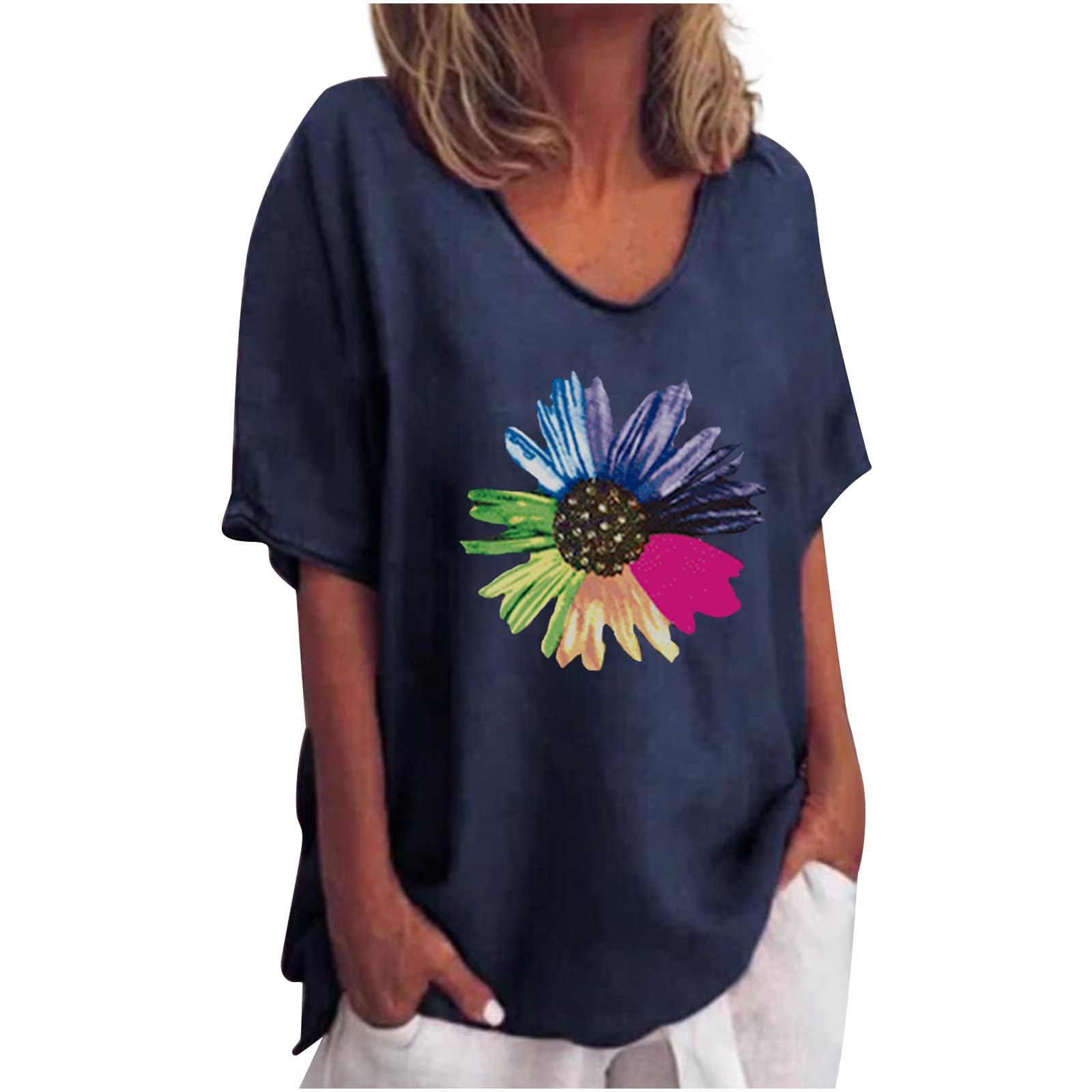 Women's Trendy Chrysanthemum Print Short Sleeve T-Shirt - Loose Fit Crewneck Casual Summer Blouse for Everyday Wear & Outfits