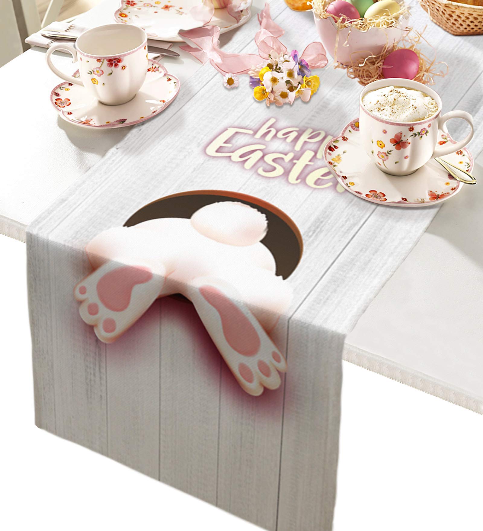 Easter Cotton Linen Table Runner - 18x72 Inch Farmhouse Kitchen Decor with Bunny Design for Dining Table, Holiday Parties & Rustic Home Decoration - Perfect for Easter Dinner, Spring Celebrations and Farmhouse Style Decorating