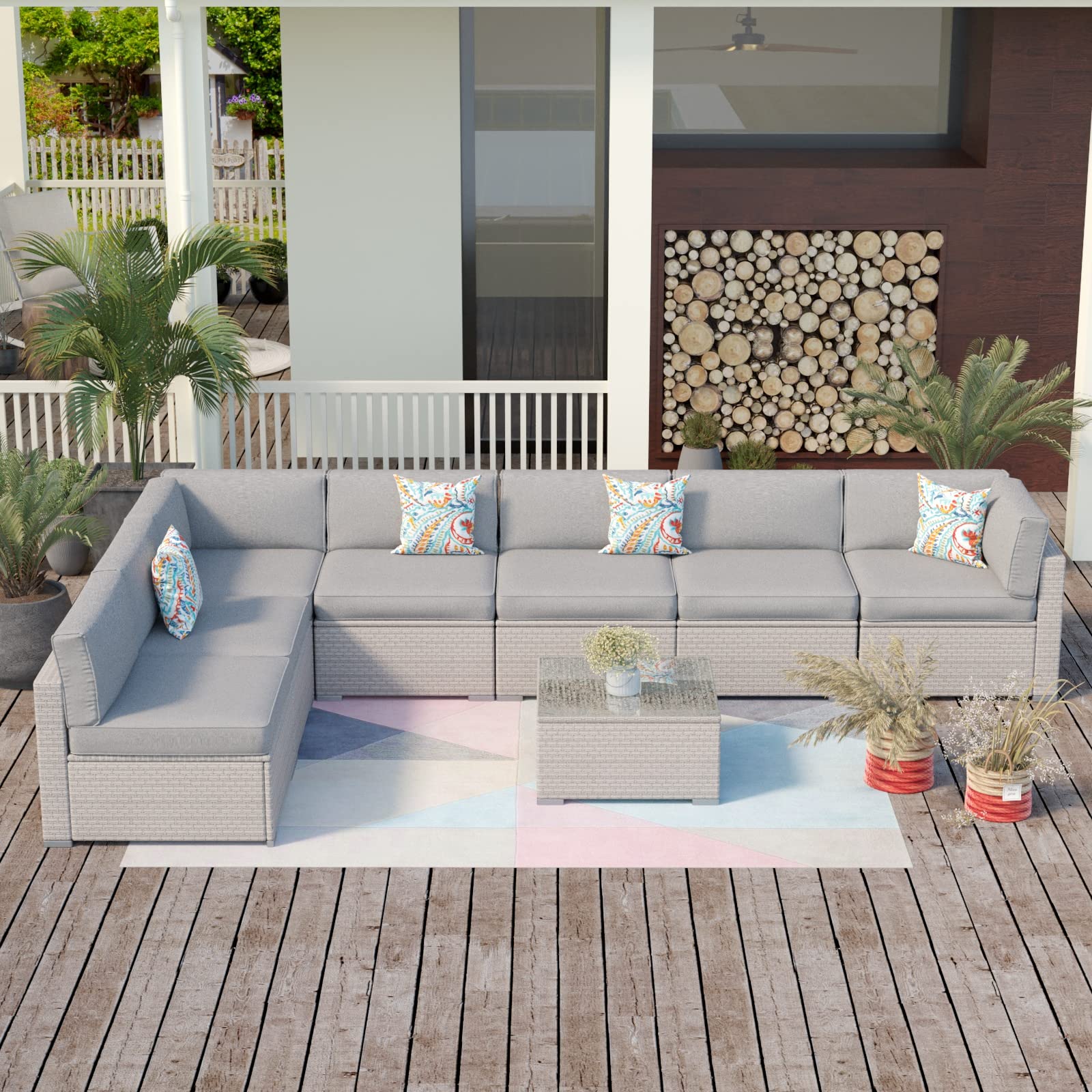 Sunbury 8-Piece Outdoor Sectional Wicker Sofa Set with 7 Pillows - Pearl Gray Patio Furniture with Psychedelic Cushions for Backyard, Garden & Porch | Perfect for Outdoor Entertaining & Relaxation