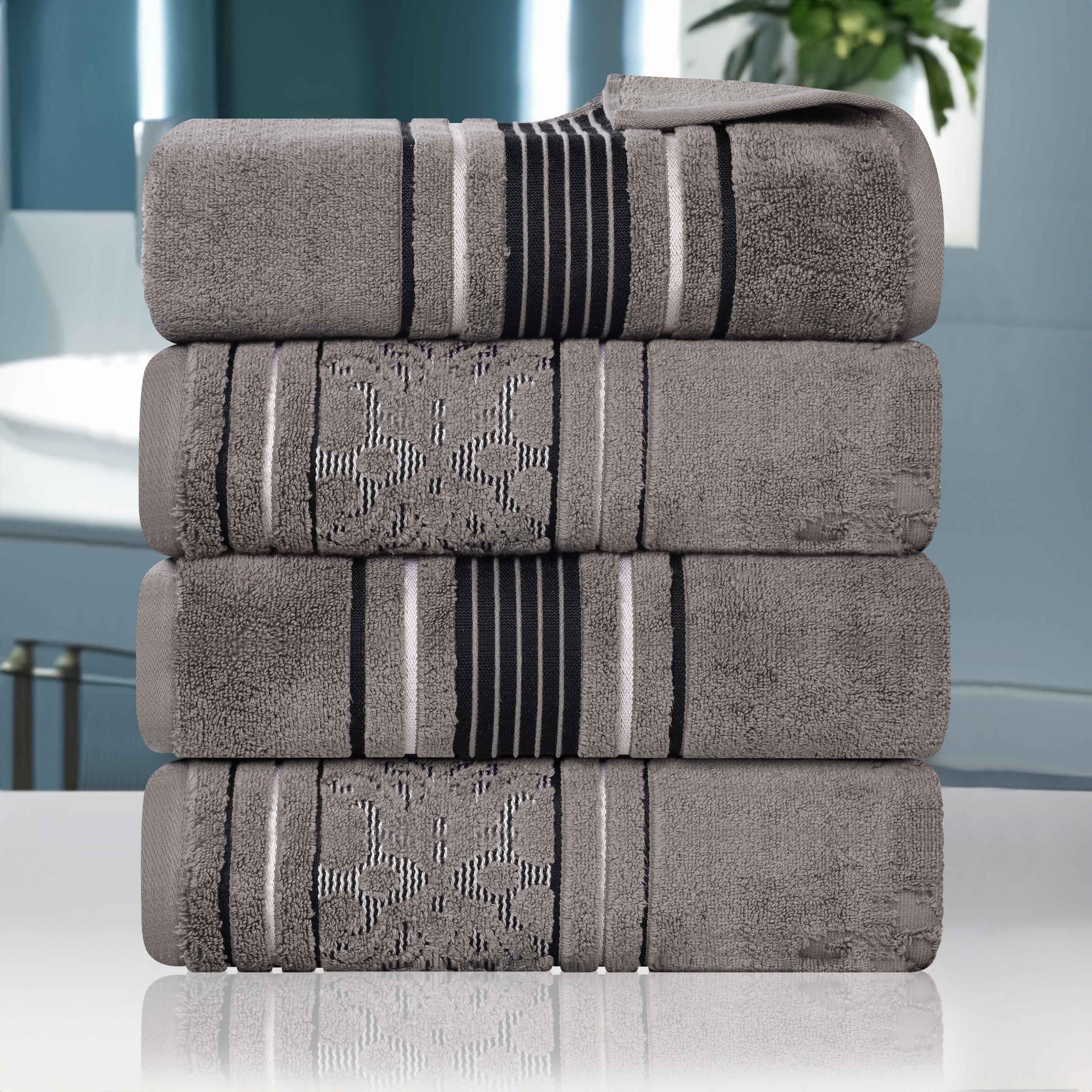 Premium 100% Zero Twist Cotton Bath Towel Set of 4 - Ultra Soft & Absorbent Solid & Jacquard Floral Design - Perfect for Spa, Bathroom, Beach & Guest Use