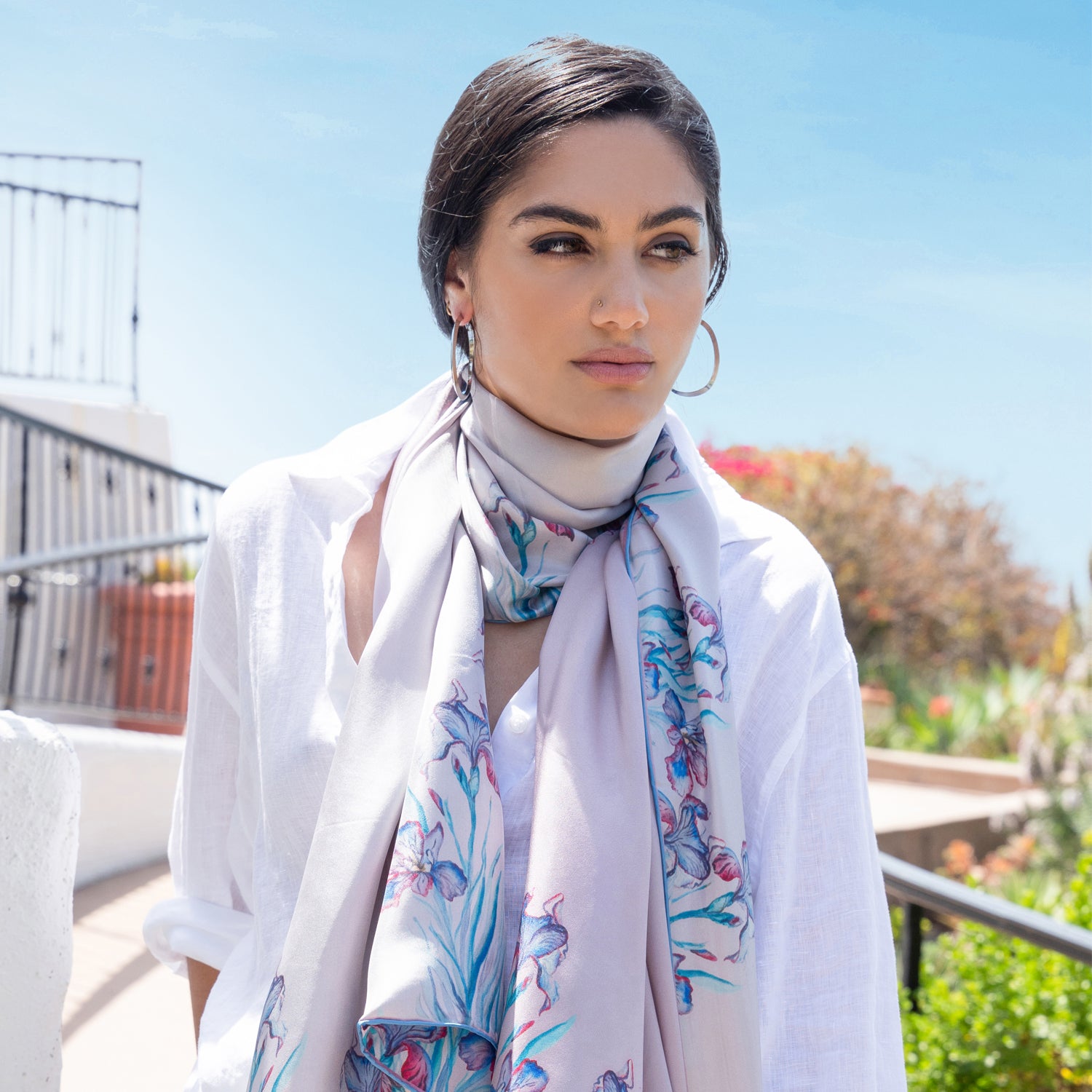 Iris Serenity Long Silk Scarf - Elegant Womens Fashion Accessory for Office, Evening & Travel