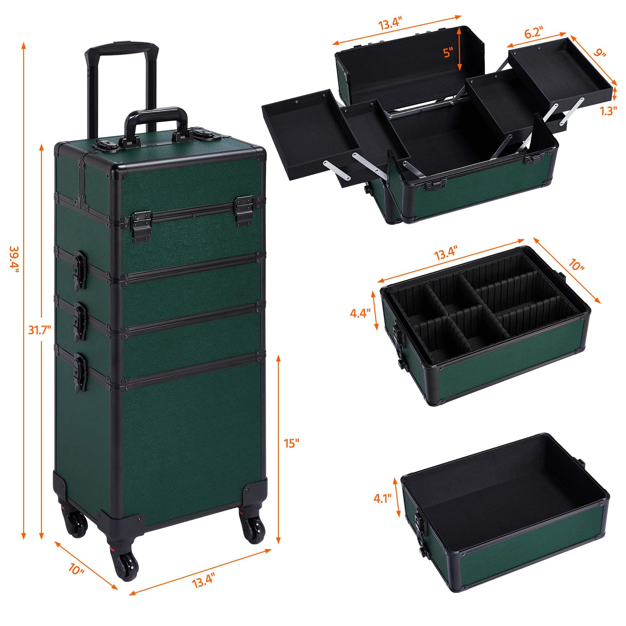 Topeakmart Large 4-in-1 Professional Rolling Makeup Train Case - Cosmetic Storage Organizer with Folding Trays, Wheels & Aluminum Frame (Dark Green) | Perfect for Travel, Salon Professionals & Makeup Artists