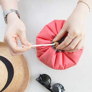 INVODA Large Waterproof Travel Makeup Bag for Women - Barrel Shaped Cosmetic Organizer with Drawstring, Soft Portable Toiletry Bag for Makeup Brushes & Essentials (Red) - Perfect for Vacation, Gym & Daily Use