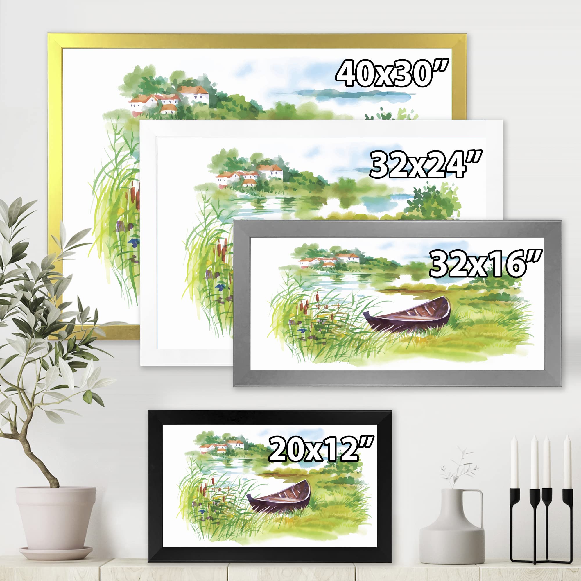 Rustic Green Landscape Lake House with Boat Framed Wall Art - Perfect for Living Room, Bedroom & Office Decor
