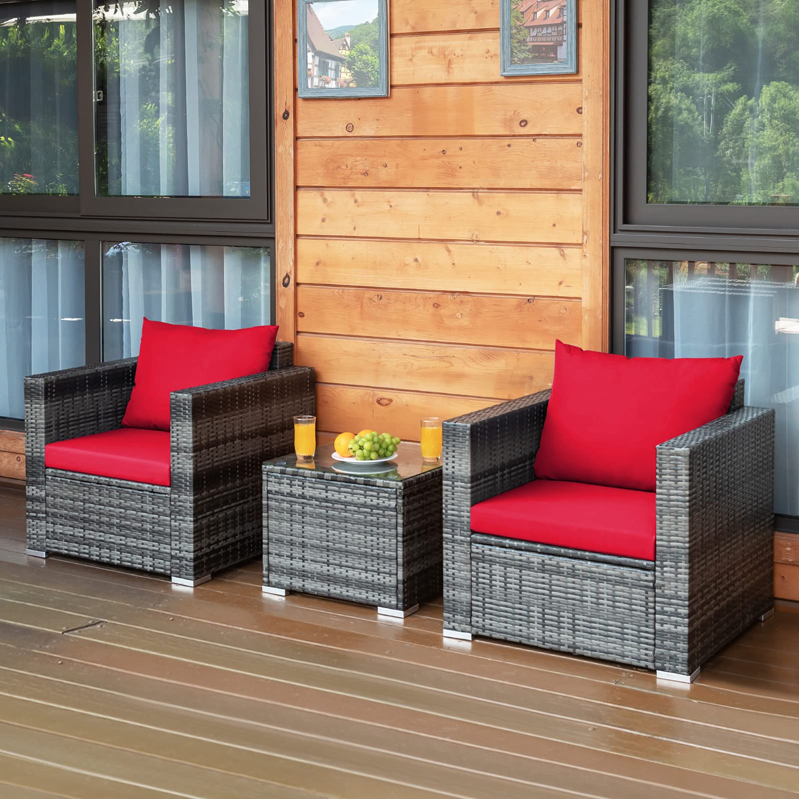 Tangkula 3-Piece Outdoor Patio Furniture Set - PE Rattan Wicker Sofa with Washable Cushions & Tempered Glass Table - Garden, Poolside, Backyard Conversation Set for Relaxing & Entertaining