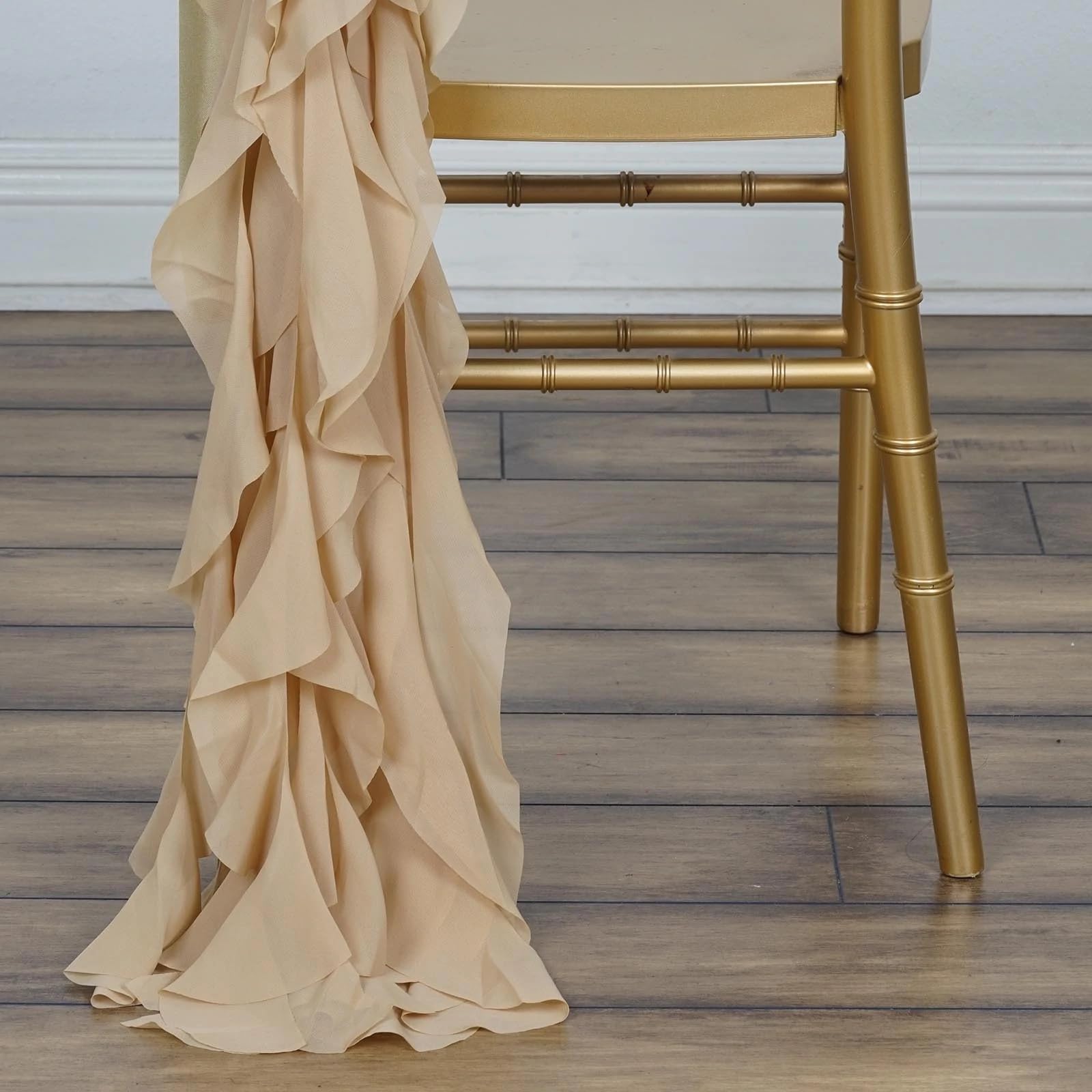 50 Premium Champagne Curly Chiffon Chair Covers with Sashes - Elegant Wedding, Party & Reception Decorations for Ceremonies, Banquets & Special Events