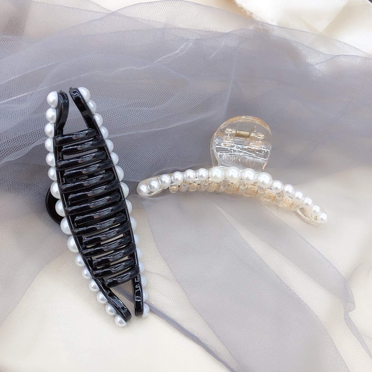 Korean Style Large Hair Claw Clip - RedChimes Thick Hair Clutch for Women & Girls (Black White Pearl, 2 Pack) - Perfect for Updos, Ponytails & Everyday Hairstyles