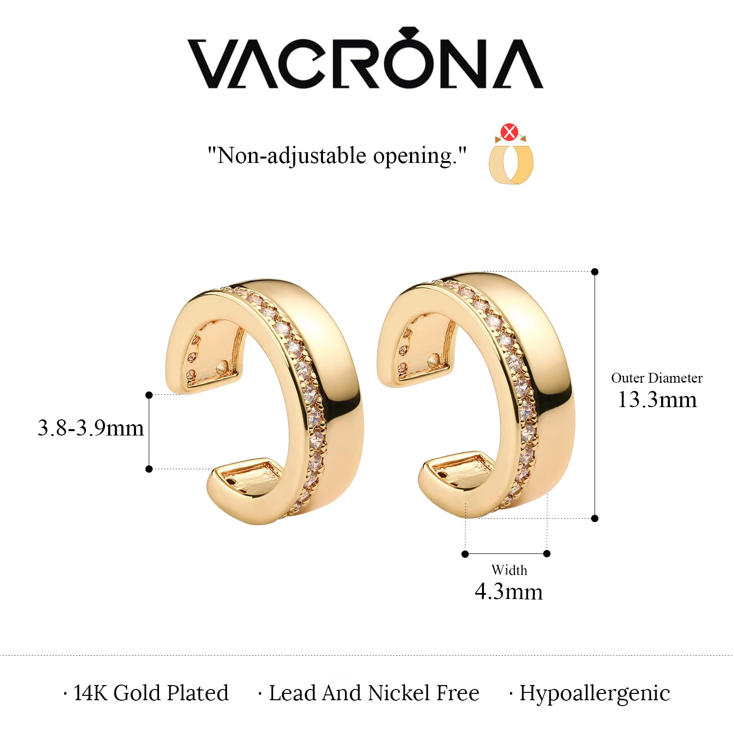 VACRONA 14K Gold Plated Cubic Zirconia Ear Cuff - Hypoallergenic Non-Pierced Helix Wrap Earrings for Women | Sparkling Round Cuff Ear Jewelry | Perfect Gift for Birthday, Anniversary & Special Occasions