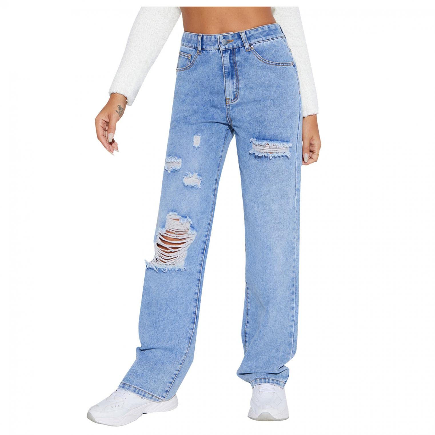 Distressed Ripped High Waisted Baggy Jeans for Women - Y2K Vintage Wide Leg Denim Pants with Pockets | Casual Streetwear, Retro Fashion, and Everyday Comfort