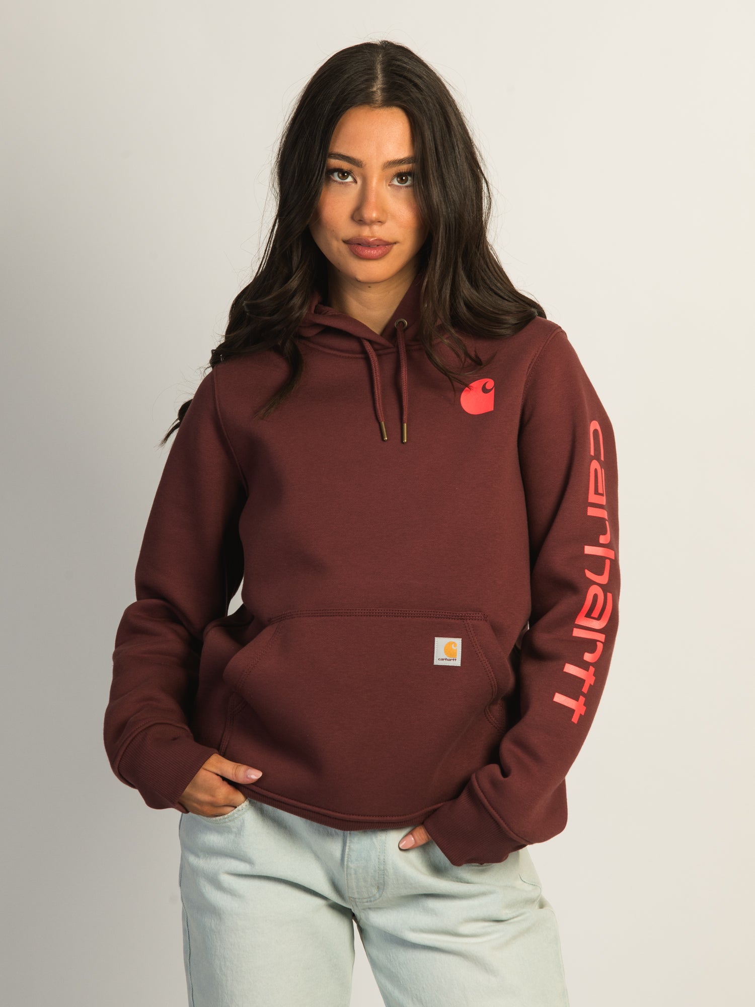 Carhartt Logo Sleeve Pullover Hoodie - Barnwood Color | Durable Workwear for Men & Women | Perfect for Outdoor Jobs, Casual Wear & Cold Weather