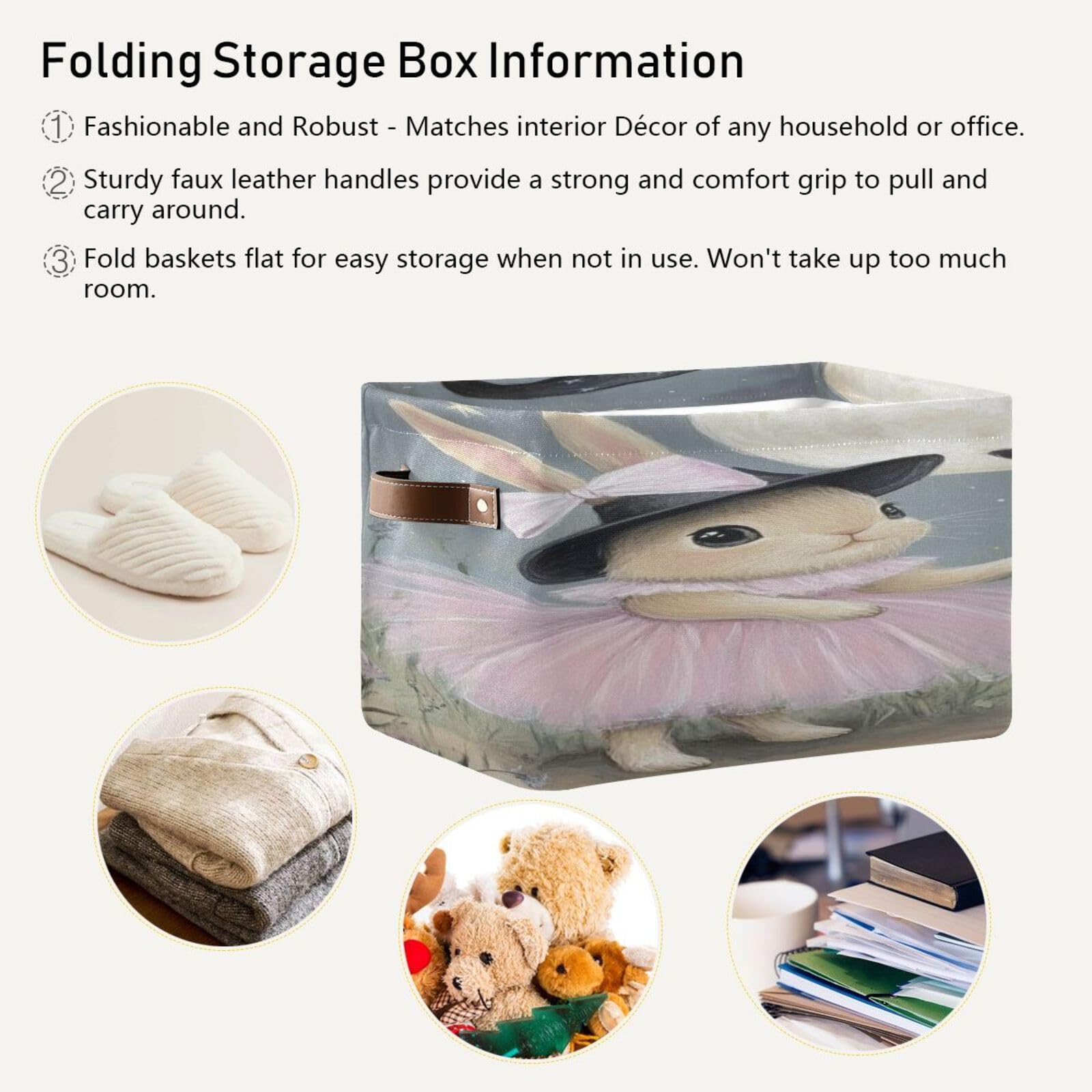 Large Foldable Storage Baskets with Handles - 2 Pack Bunny Design Closet Organizers & Home Storage Bins for Shelves, Bedroom, Kids Room Organization | Perfect for Toys, Clothes & Home Decor